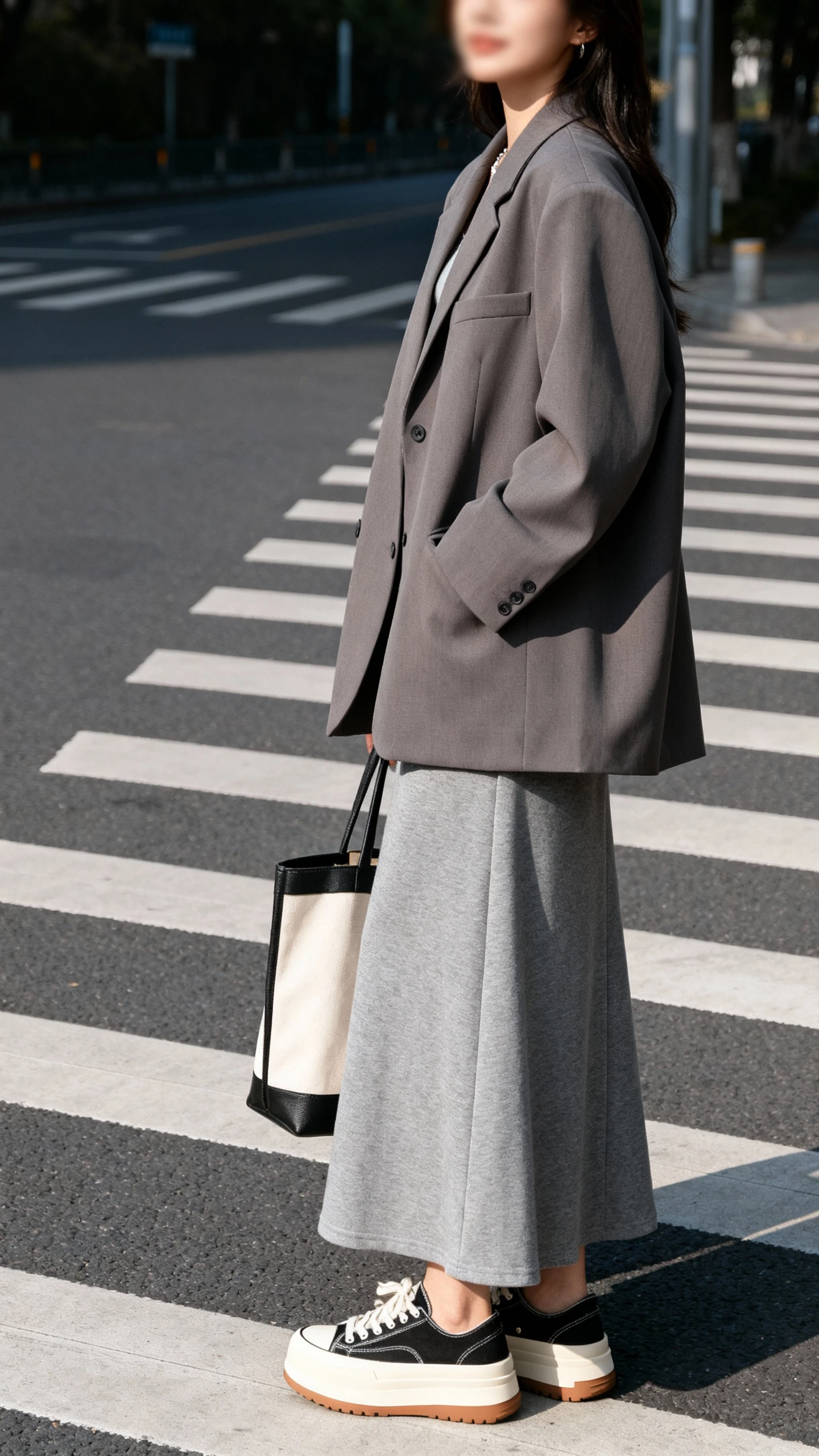 Contemporary street photo of a woman wearing a grey maxi skirt, boxy oversized blazer, and platform sneakers, waiting at a crosswalk with a tote, face slightly blurred, natural daylight, iPhone photo quality.