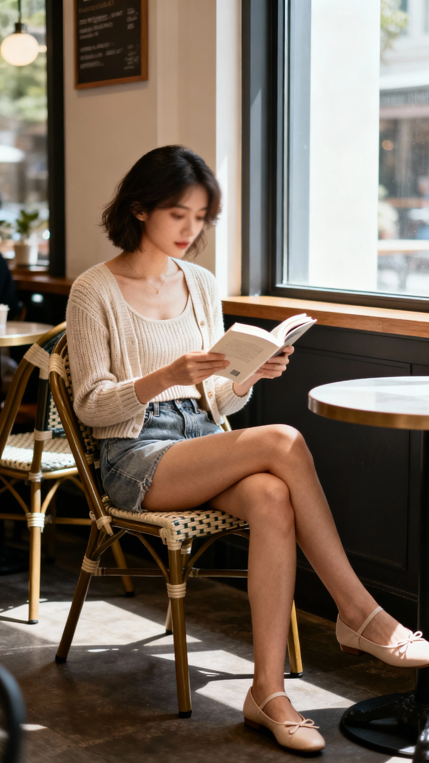 Cozy candid of a woman wearing a matching fine-knit cardigan set (tank + cropped cardigan) with mid-wash denim shorts and ballet flats, sitting on a cafe patio chair reading, face slightly blurred, soft window light, iPhone aesthetic.