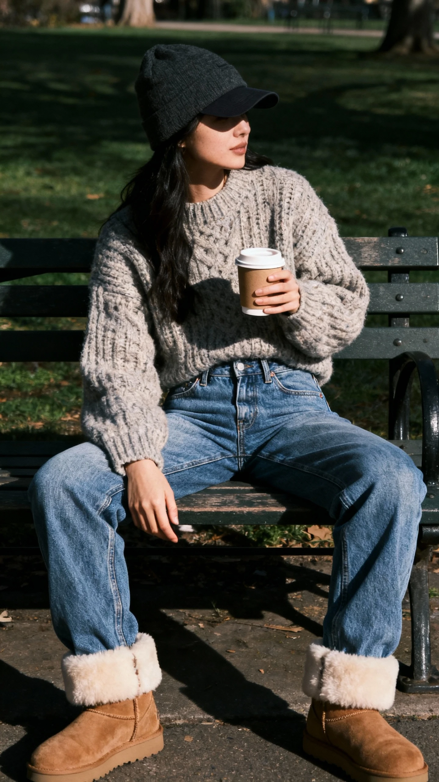 Cozy candid of a woman wearing low-rise jeans with a chunky knit sweater and shearling-lined boots, sitting on a park bench with a coffee, face in shadow from beanie brim, cool daylight, iPhone photo quality.