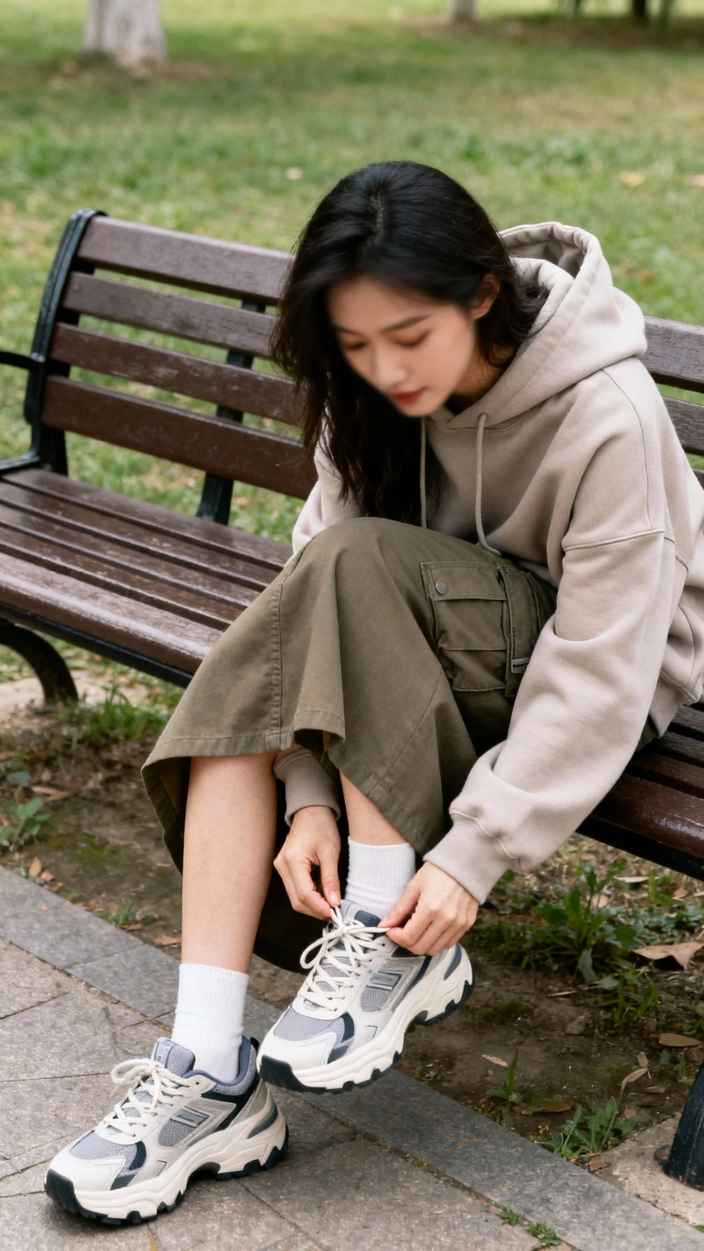 Cozy candid photo of a woman in an oversized hoodie, cargo midi skirt, and chunky trainers, sitting on a park bench tying her shoe, face slightly blurred, soft daylight, iPhone photo quality.