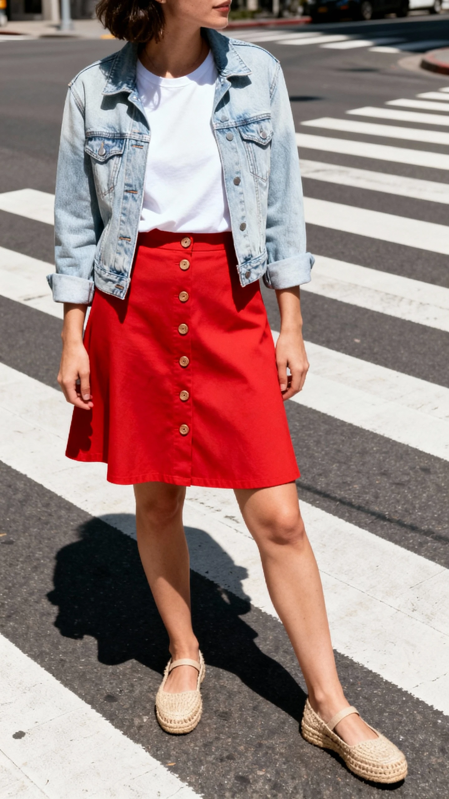 Easygoing street shot of a woman in a light-wash denim jacket over a white tee with a red button-front A-line skirt and espadrilles, pausing at a crosswalk, face in shadow, natural daylight, unstaged iPhone feel.