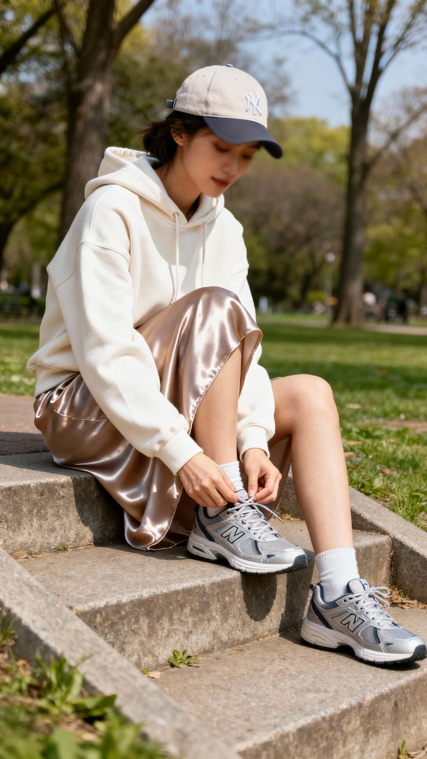 Lifestyle shot of a woman in a clean hoodie layered over a satin skirt with sleek trainers and a baseball cap, sitting on park steps tying her shoe, face slightly blurred, natural daylight, casual iPhone aesthetic.