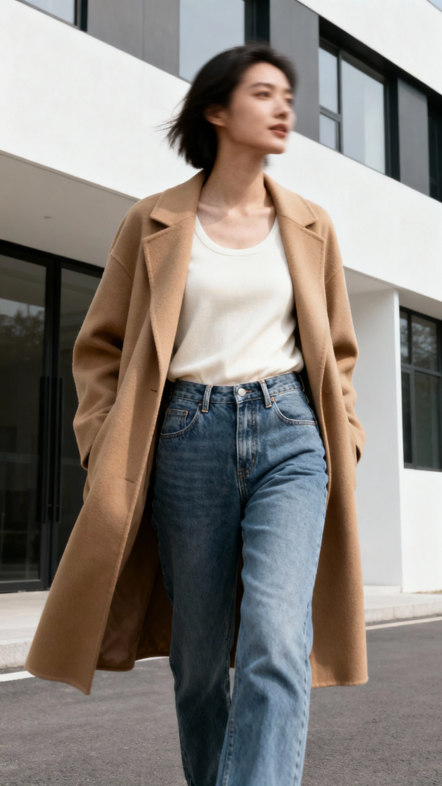 Minimalist lifestyle photo of a woman wearing low-rise jeans styled in monochrome neutrals (cream top, tan coat), walking past a modern building, face slightly blurred, soft daylight, iPhone photo quality.
