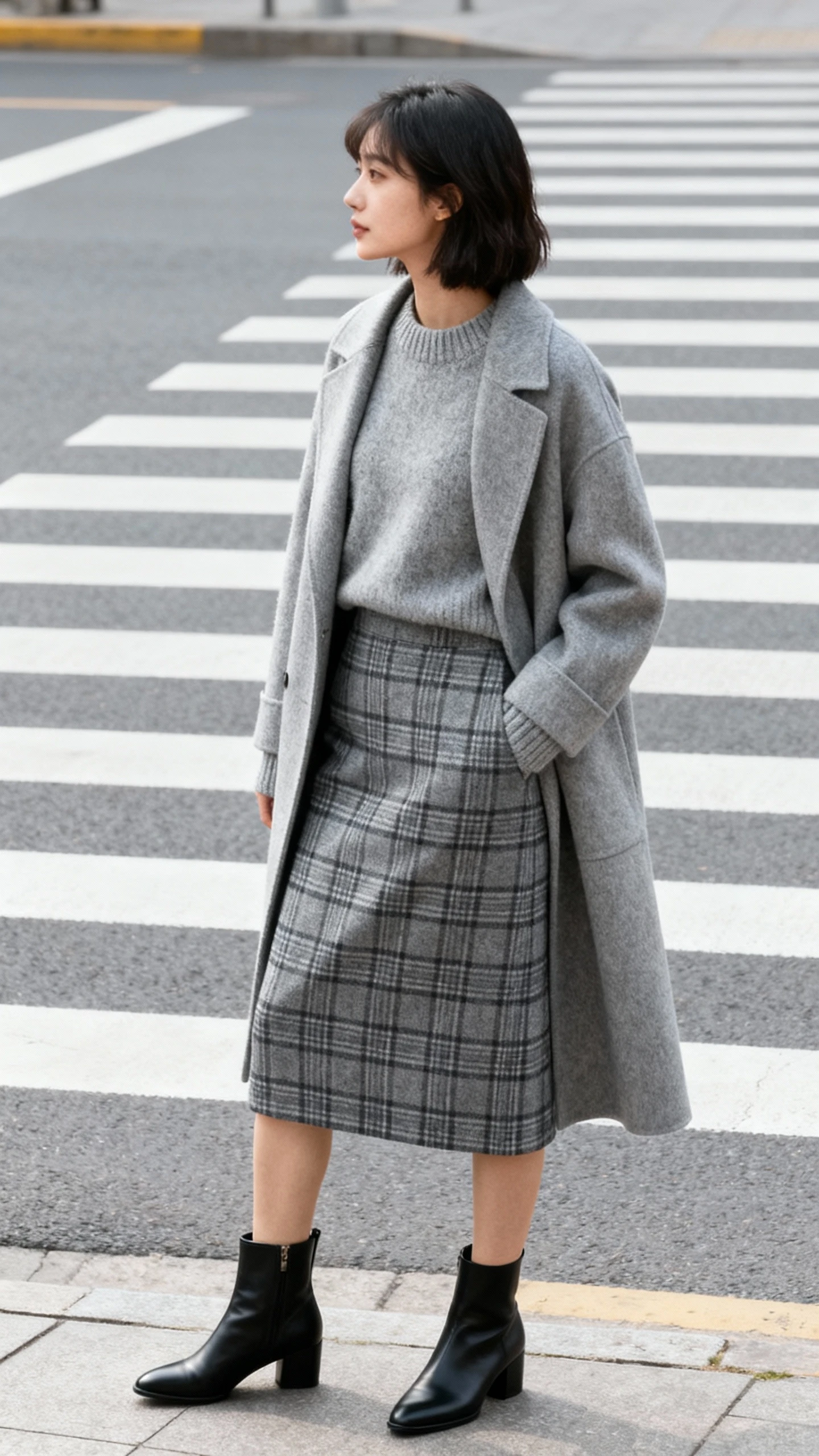 Minimalist street shot of a woman wearing a monochrome plaid skirt outfit: tonal sweater, matching coat, and sleek ankle boots, standing at a crosswalk, face looking away, diffused daylight, iPhone photo quality.