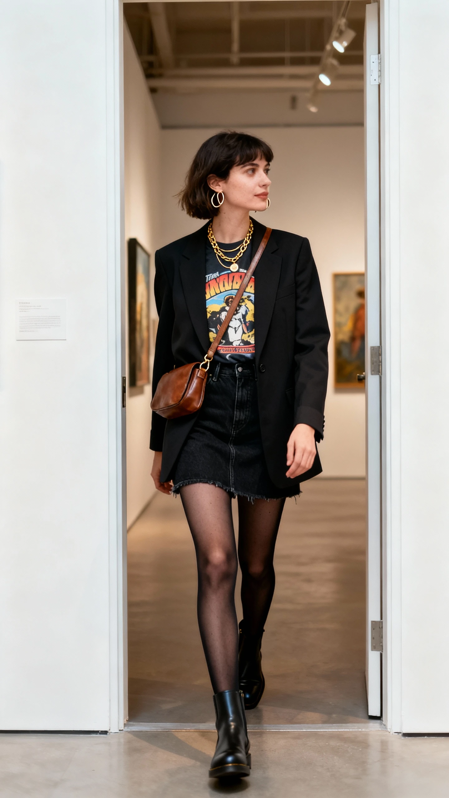 Natural candid of a woman in a tailored blazer over a vintage graphic tee, black denim mini skirt, Chelsea boots, leather crossbody, layered gold necklaces and thin hoops, sheer black tights, stepping into a gallery, face looking away, indoor ambient light, iPhone photo quality.
