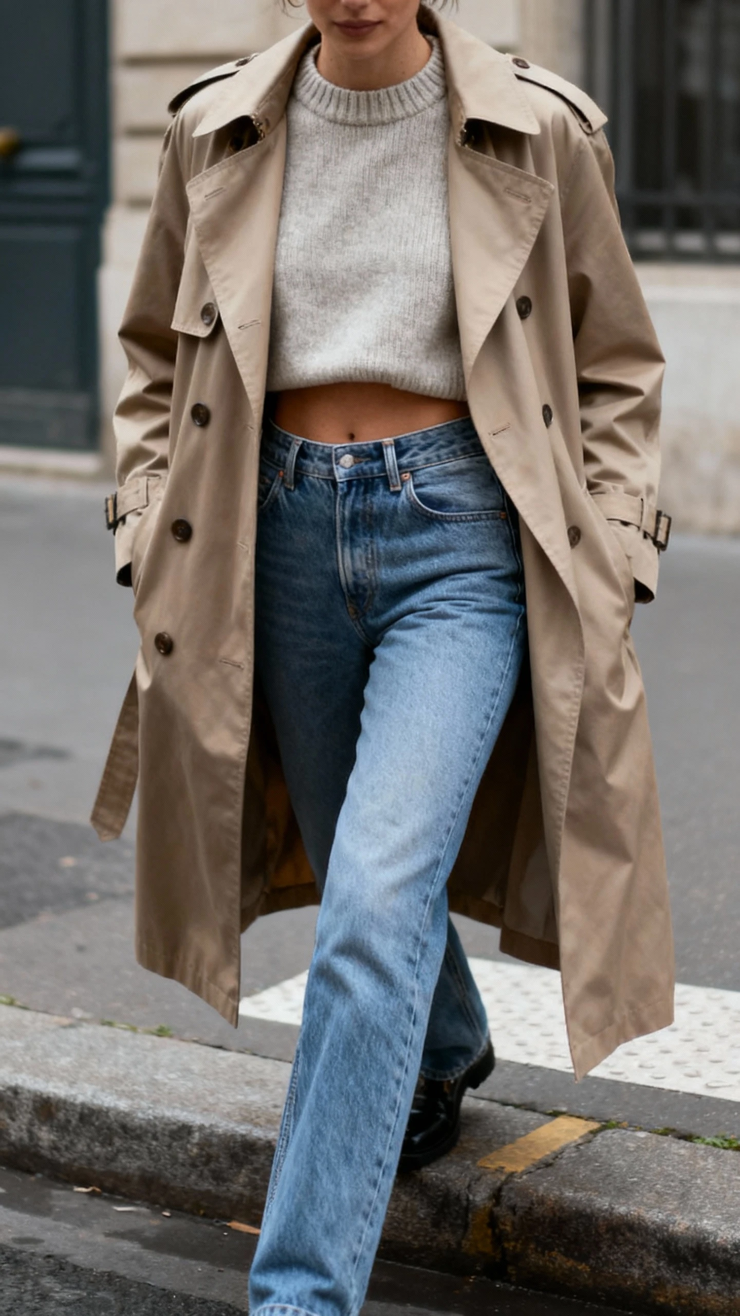 Natural city shot of a woman in low-waist jeans with a cropped crewneck sweater layered under a classic trench coat, stepping off a curb, face slightly blurred, overcast daylight, iPhone photo quality.