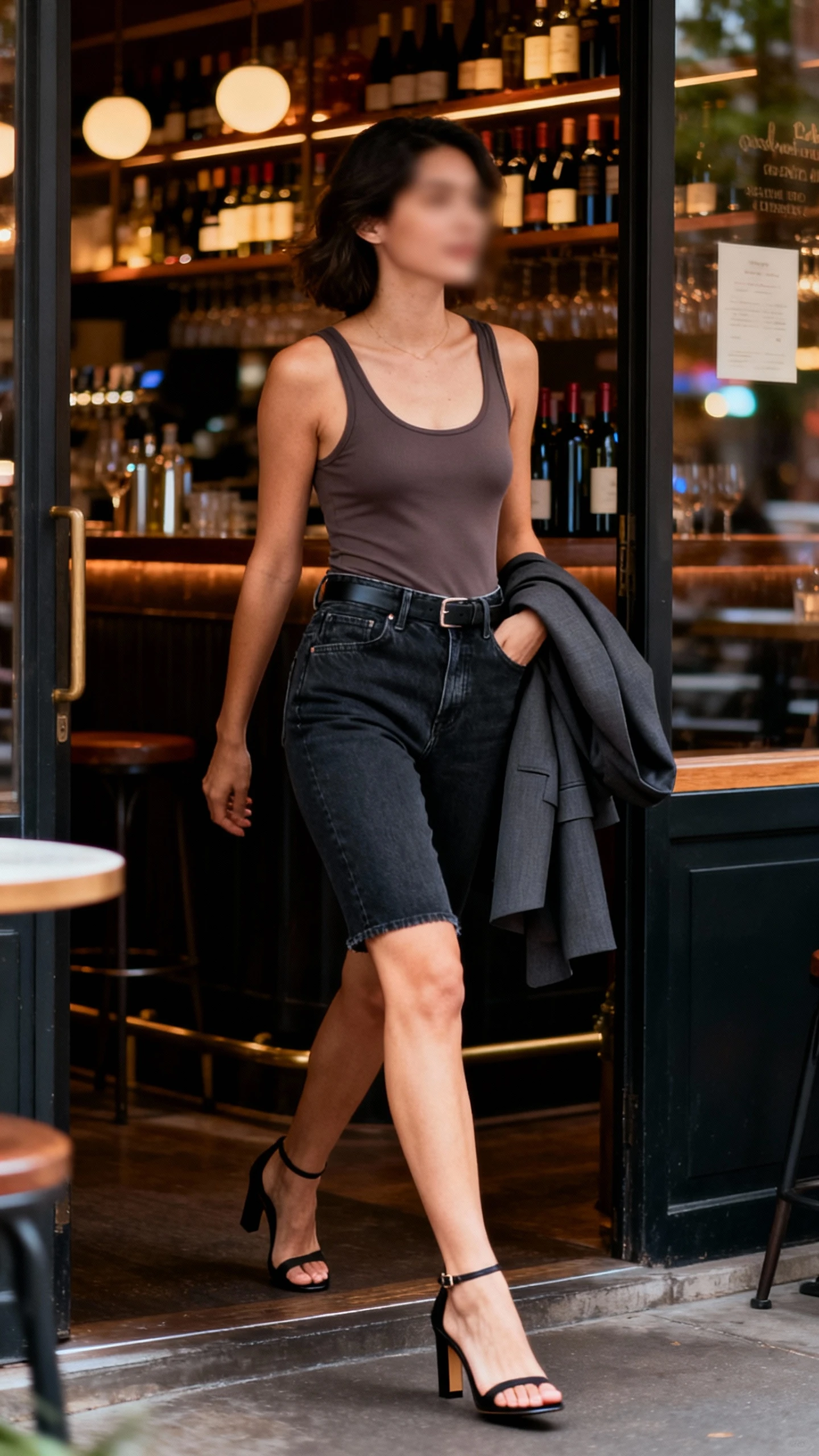 Natural evening-to-day shot of a woman in a sleek tank bodysuit tucked into tailored dark-wash short jeans, heeled sandals, and a blazer draped over her arm, walking into a wine bar, face slightly blurred, warm ambient light, iPhone photo quality.