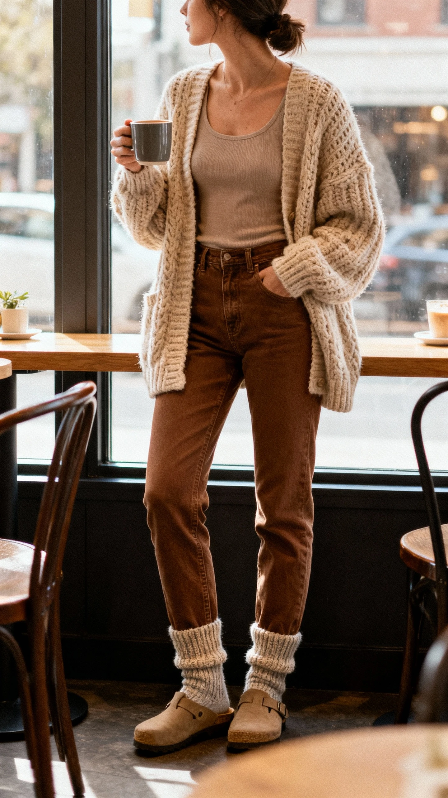 Natural lifestyle photo of a woman in a chunky oatmeal cardigan over a fitted tank, brown jeans, cozy wool socks and clogs, holding a mug by a cafe window, face looking away, warm window light, casual iPhone aesthetic.