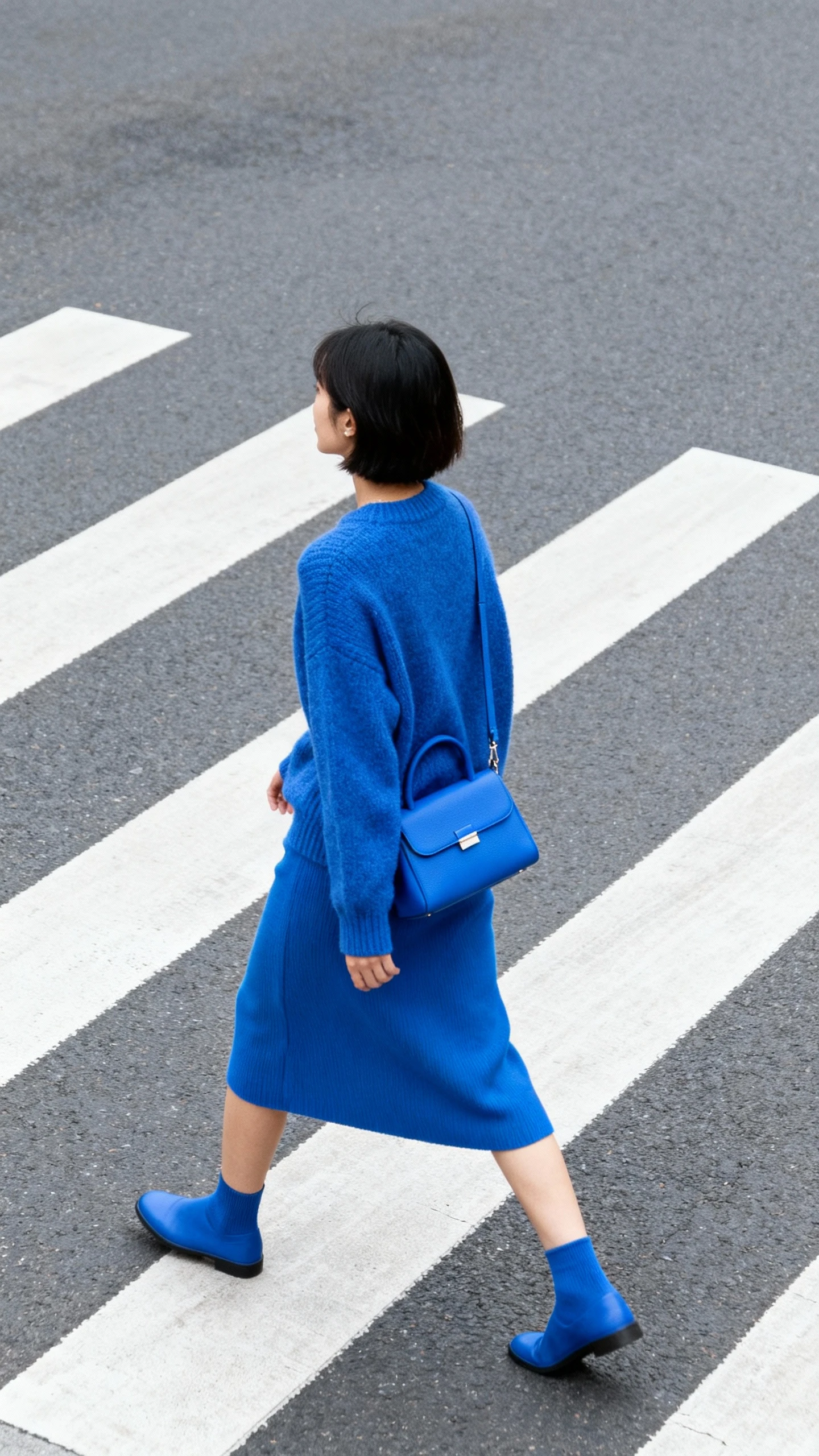 Natural lifestyle photo of a woman in a head-to-toe blue monochrome look—blue sweater and blue skirt with matching bag—crossing a crosswalk, face turned away, soft daylight, iPhone photo quality, unstaged.