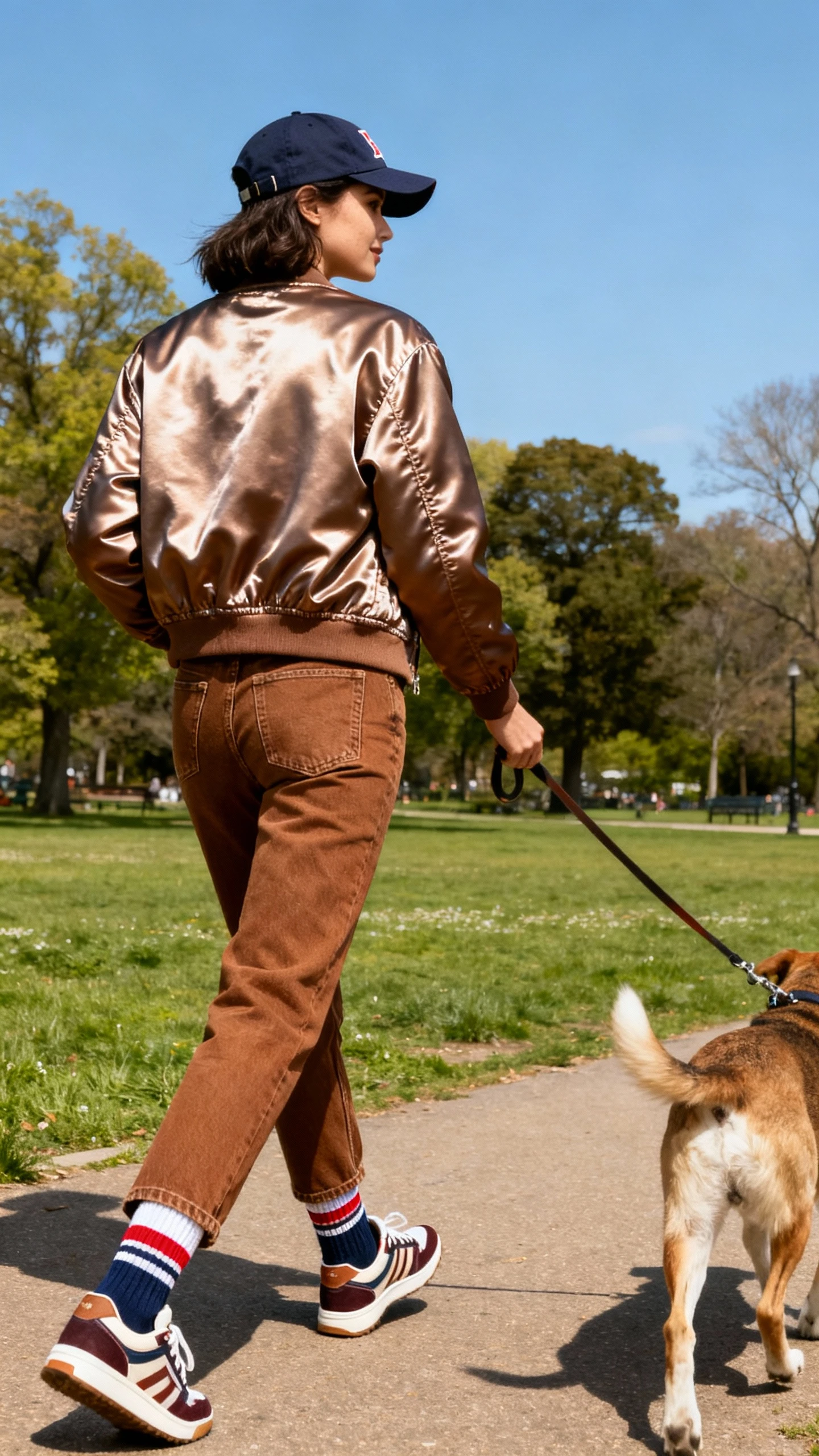 Natural lifestyle photo of a woman in a satin-finish bomber jacket, brown jeans, sporty crew socks and retro sneakers, baseball cap, walking a dog in the park, face looking away, bright daylight, iPhone snapshot.
