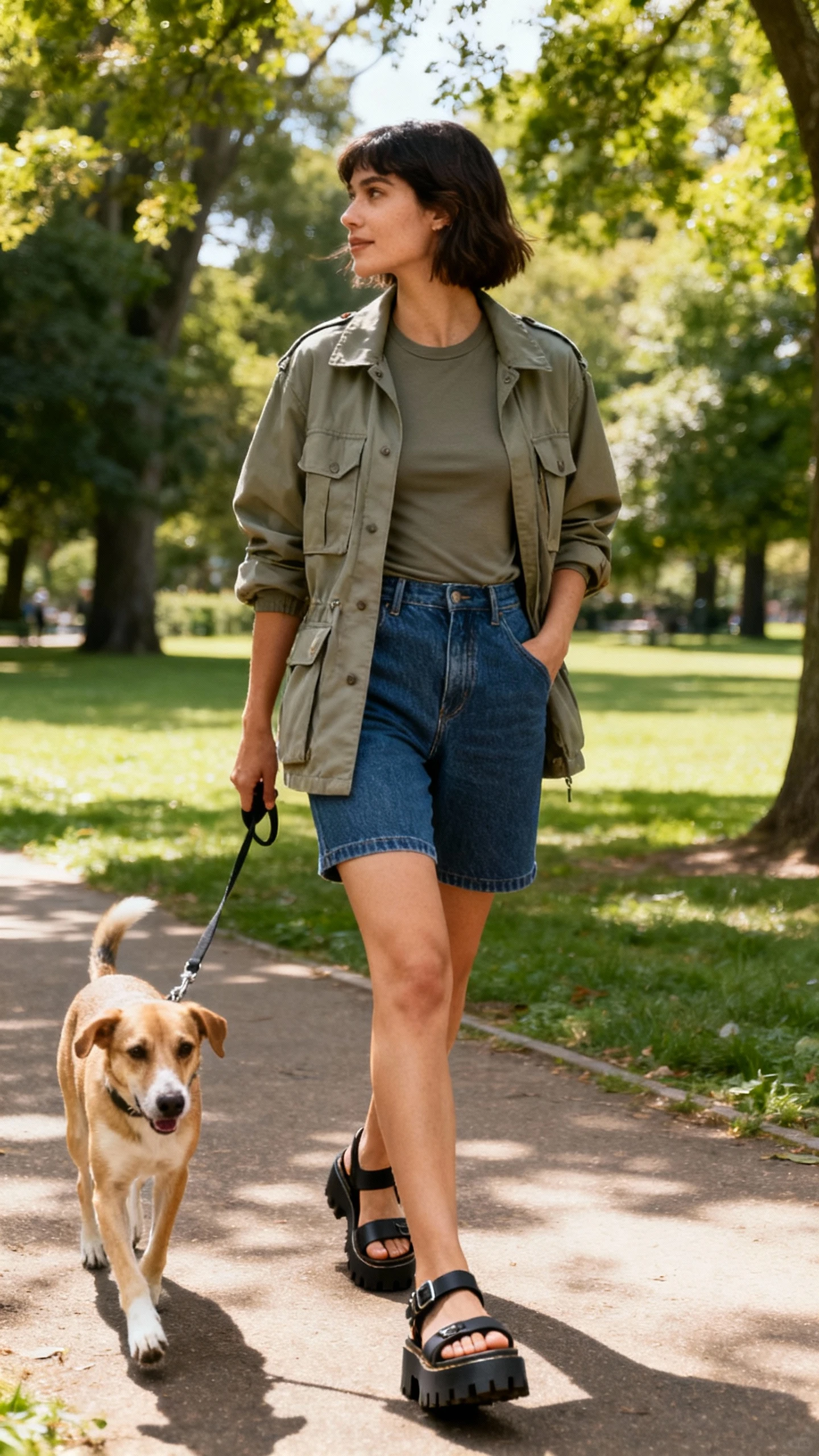 Natural lifestyle photo of a woman in a utility-inspired cargo jacket layered over a fitted tee with tailored denim shorts and lug-sole sandals, walking her dog in a park, face looking away, dappled daylight, iPhone photo quality.