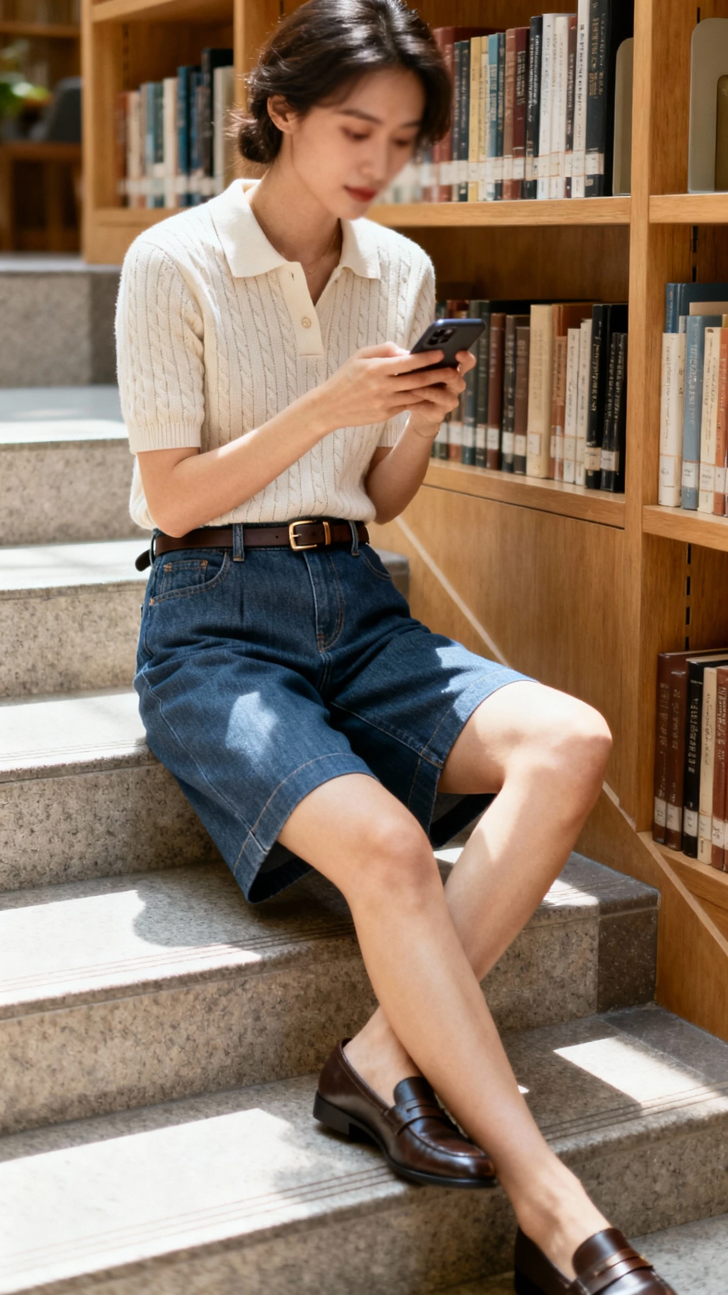 Natural lifestyle photo of a woman wearing a knit polo tucked into clean-hem tailored denim shorts with loafers and a slim belt, sitting on library steps checking her phone, face slightly blurred, afternoon light, iPhone photo quality.