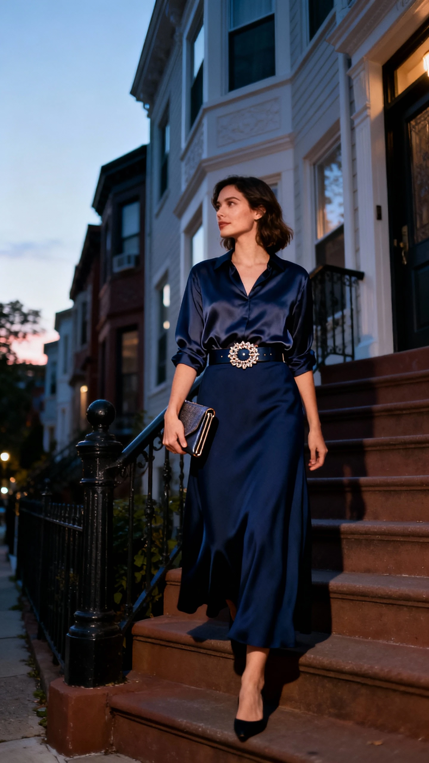 Natural lifestyle photo of a woman wearing a navy blue maxi skirt with a silk blouse and a statement belt, carrying a clutch while walking up townhouse steps, face looking away, evening dusk light, iPhone photo quality.