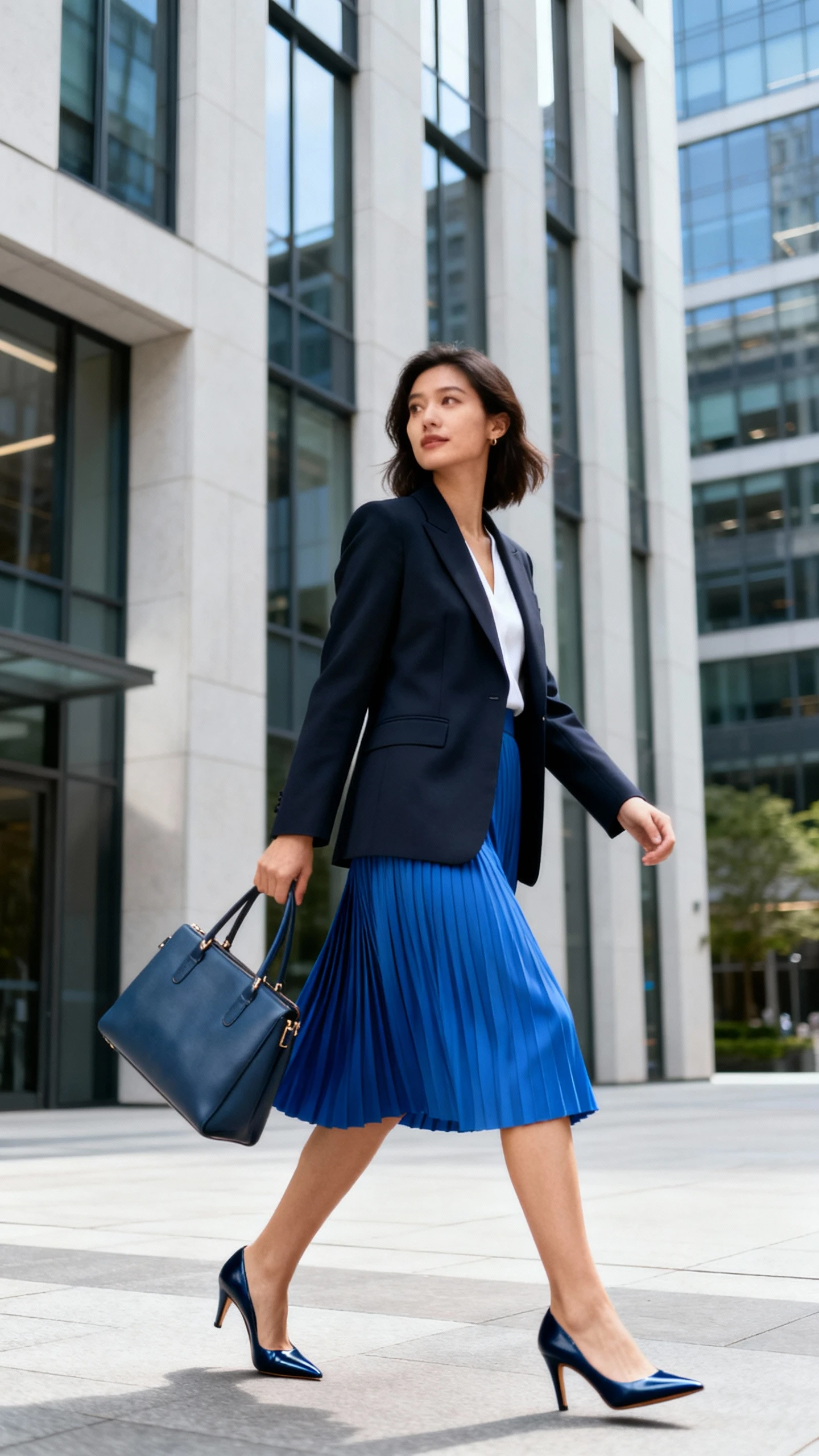 Natural lifestyle photo of a woman wearing a sharp power blazer over a pleated blue skirt with pointed heels and a structured tote, striding past office buildings, face looking away, natural daylight, candid iPhone photo quality, unstaged.