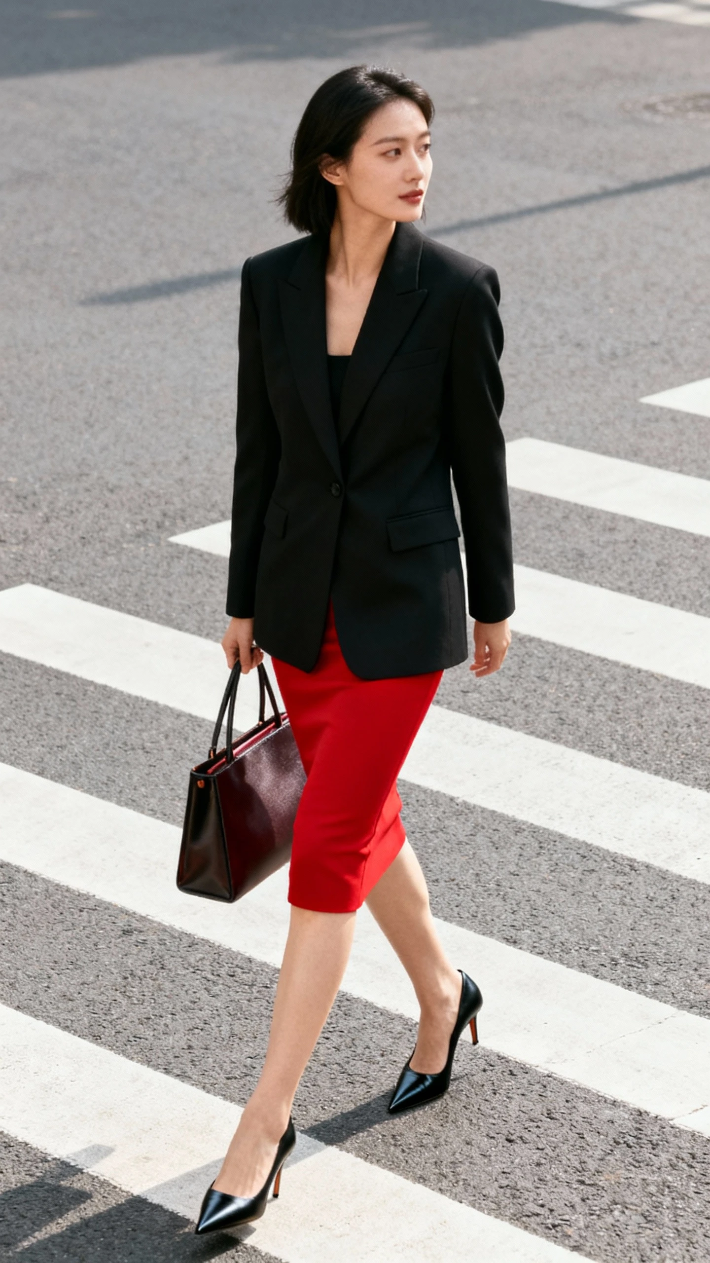 Natural lifestyle photo of a woman wearing a sharp black blazer over a red pencil skirt with pointed black heels and a structured tote, walking across a crosswalk, face looking away, natural daylight, candid iPhone photo quality, unstaged.