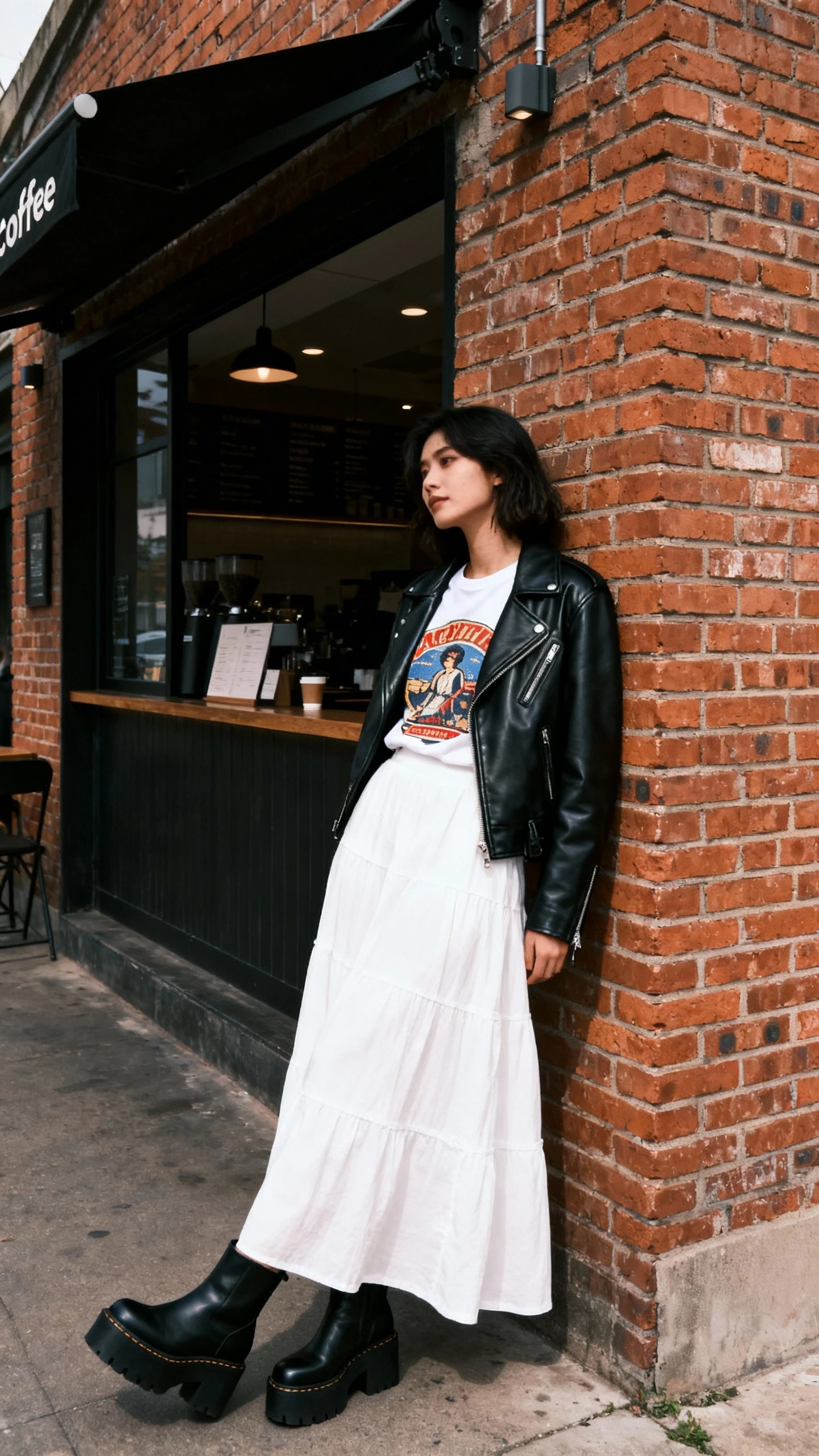 Natural lifestyle photo of a woman wearing a white maxi skirt with a vintage graphic tee, black leather moto jacket, and platform boots, leaning against a brick wall near a coffee shop, face in shadow, overcast daylight, iPhone photo quality.