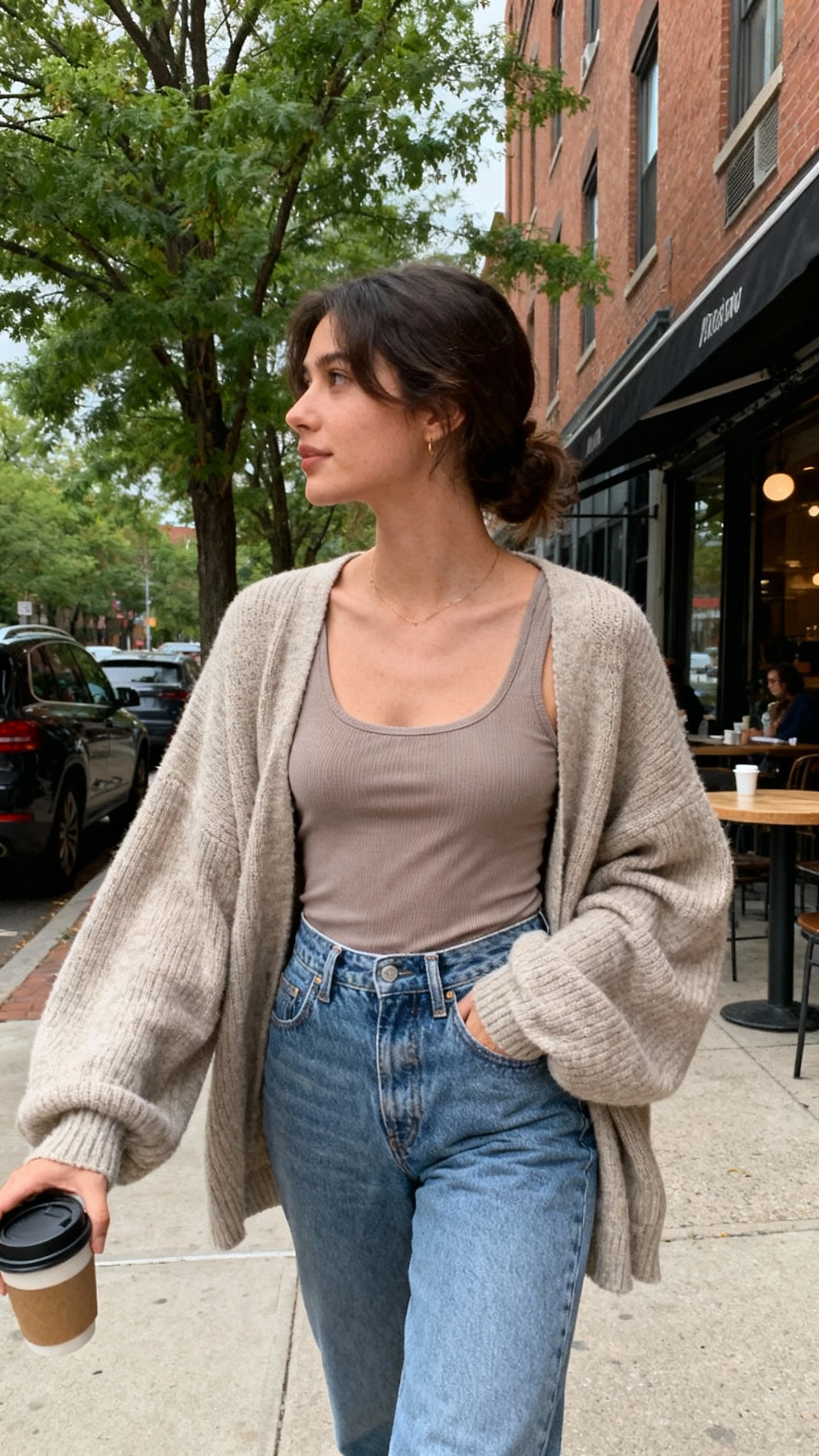 Natural lifestyle photo of a woman wearing low-waist jeans with a slouchy cardigan over a fitted tank, walking to grab coffee, face looking away, candid moment, soft daylight, iPhone photo quality, unstaged.