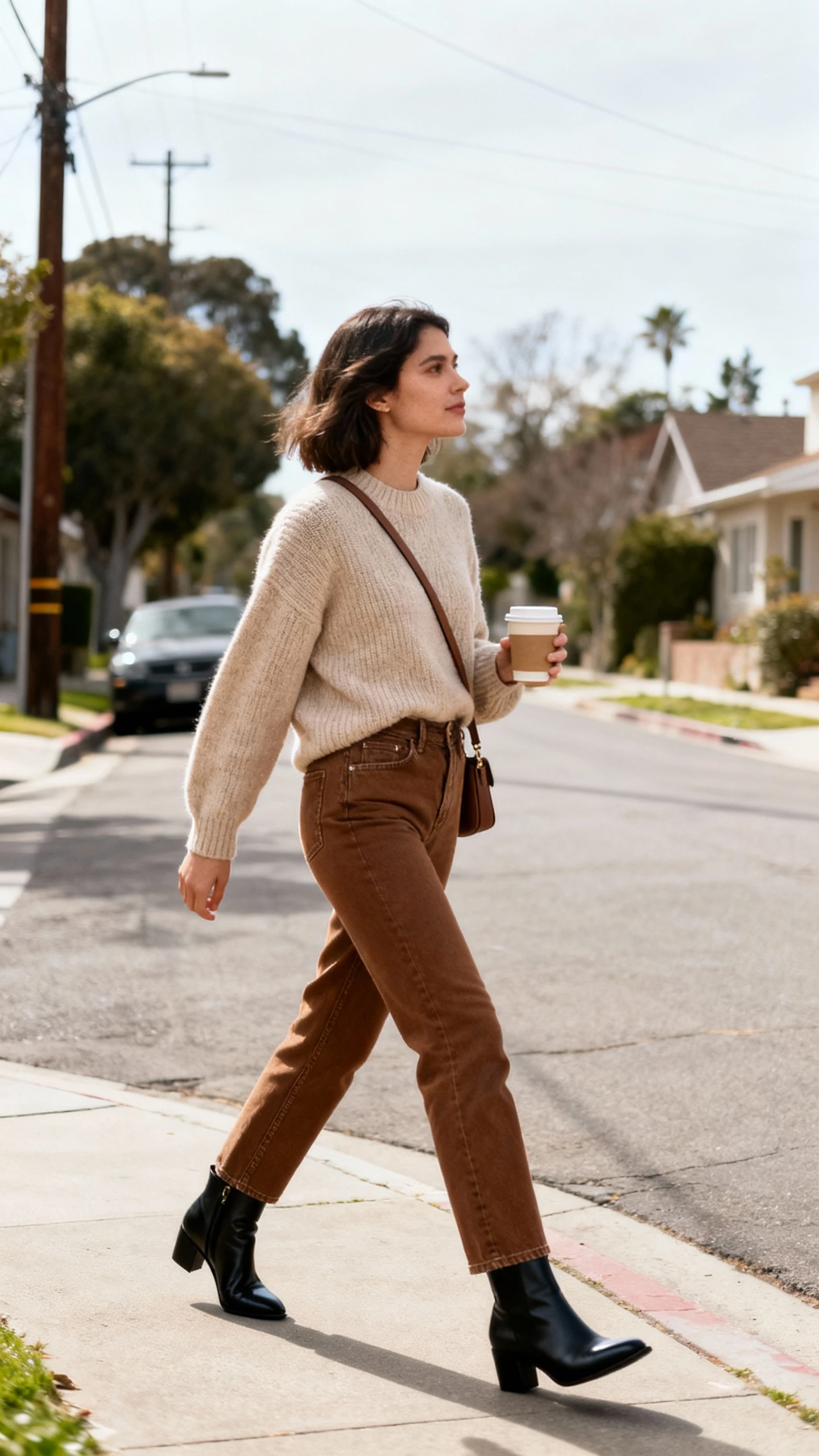 Natural lifestyle photo of a woman wearing soft beige knit sweater, high-waisted brown jeans, sleek black ankle booties, simple crossbody bag, walking with a coffee on a quiet neighborhood street, face looking away, candid moment, natural daylight, iPhone photo quality.