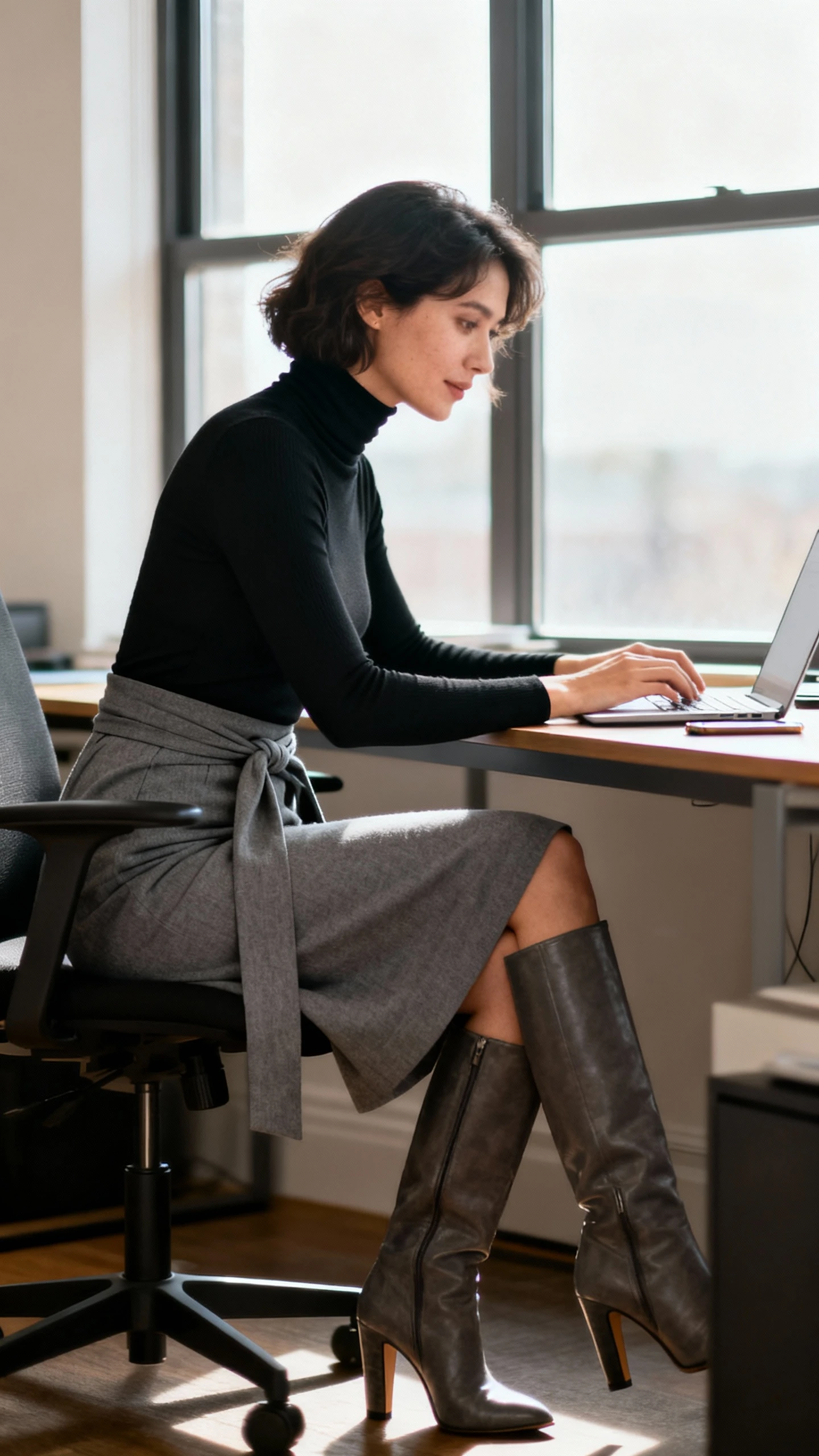 Natural office moment of a woman wearing a grey wrap skirt, fitted black turtleneck, and tall heeled boots, working at a desk by a window, face slightly blurred, soft window light, casual iPhone aesthetic.