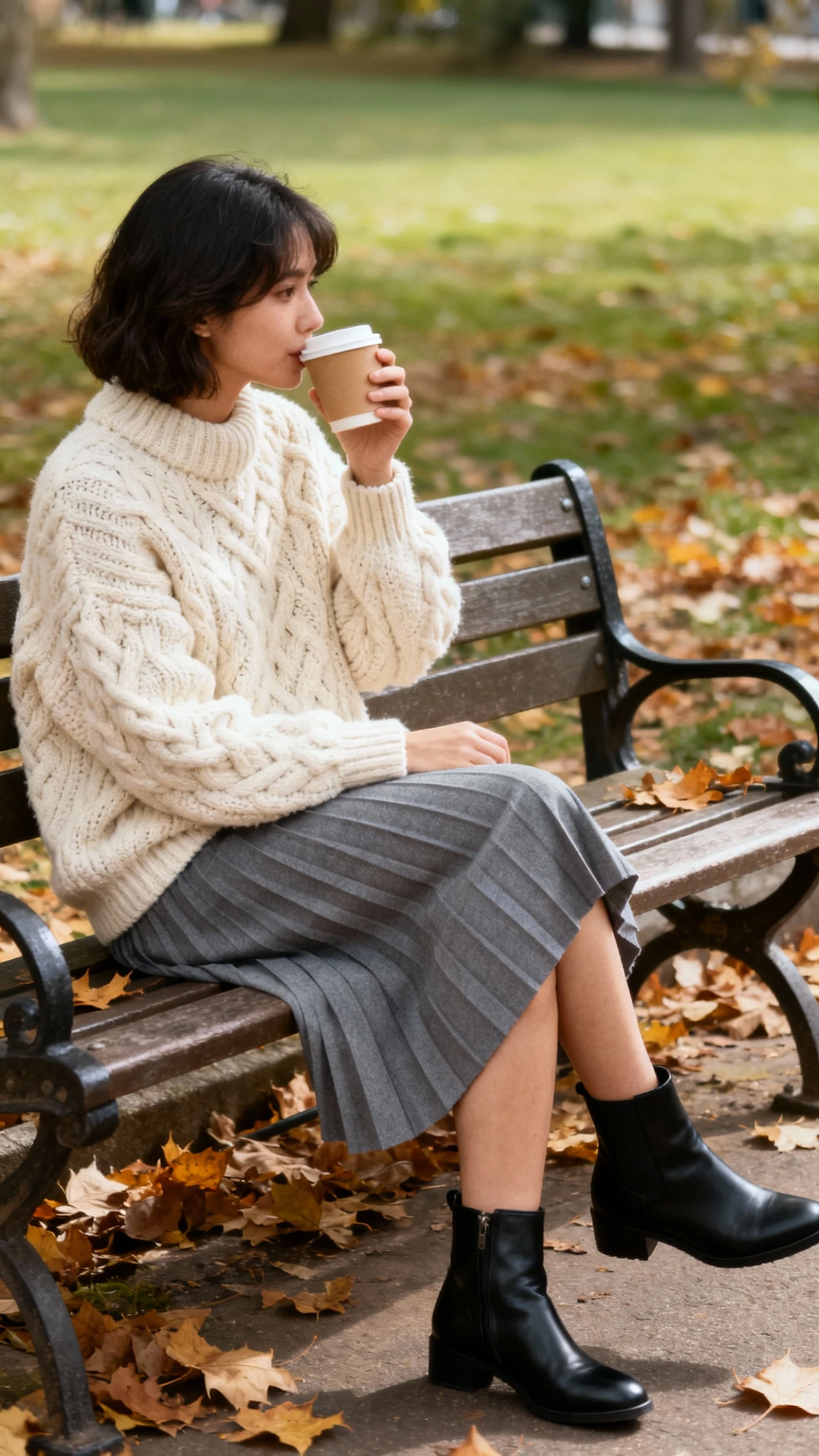 Natural photo of a woman in a chunky cream knit sweater, grey pleated skirt, and black ankle boots, sipping coffee on a park bench with fallen leaves, face turned away, soft daylight, iPhone photo quality.