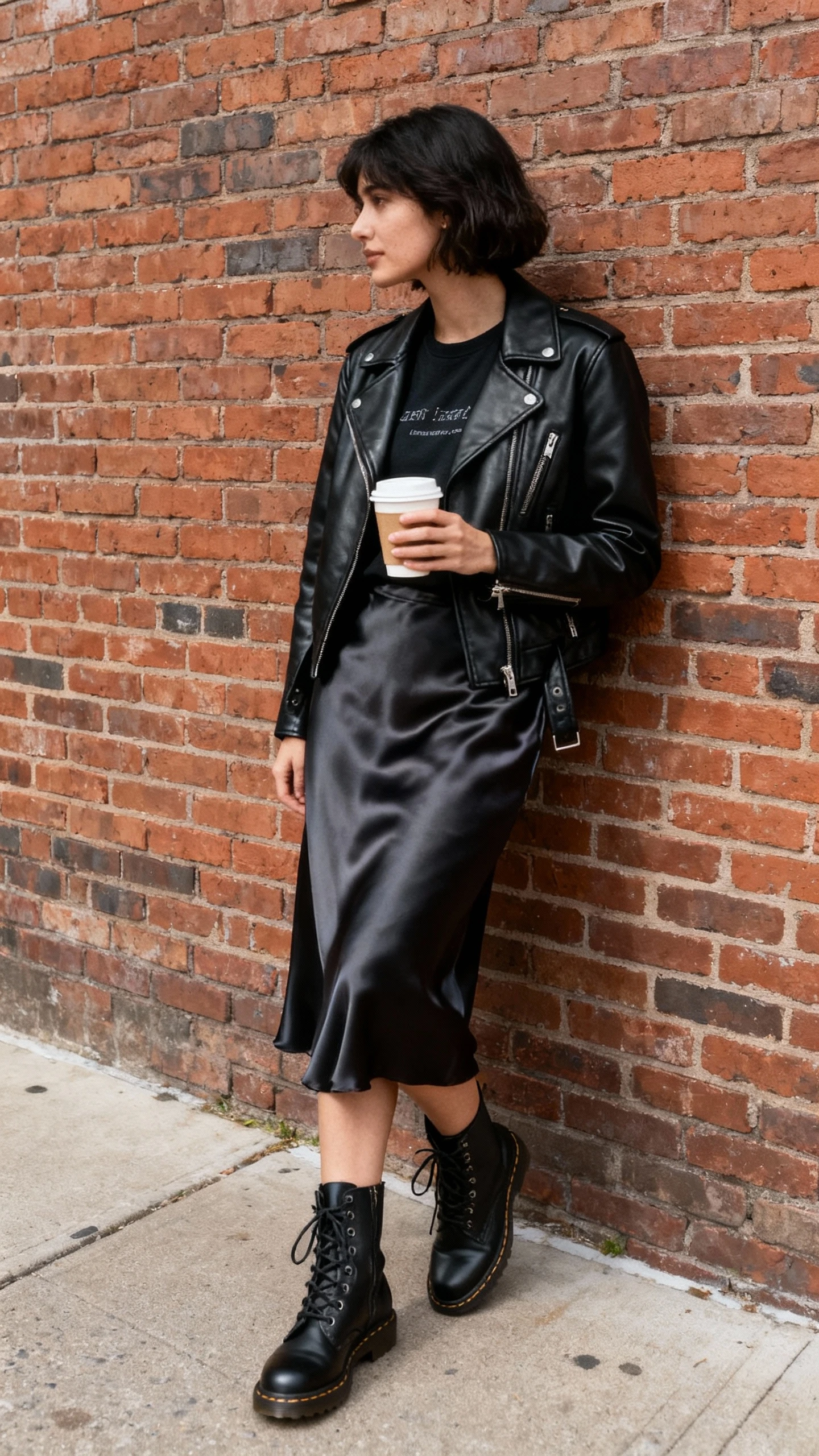Natural photo of a woman wearing a black leather moto jacket over a satin skirt with lace-up boots and a tee, leaning against a brick wall with a coffee, face in shadow, overcast daylight, iPhone candid.