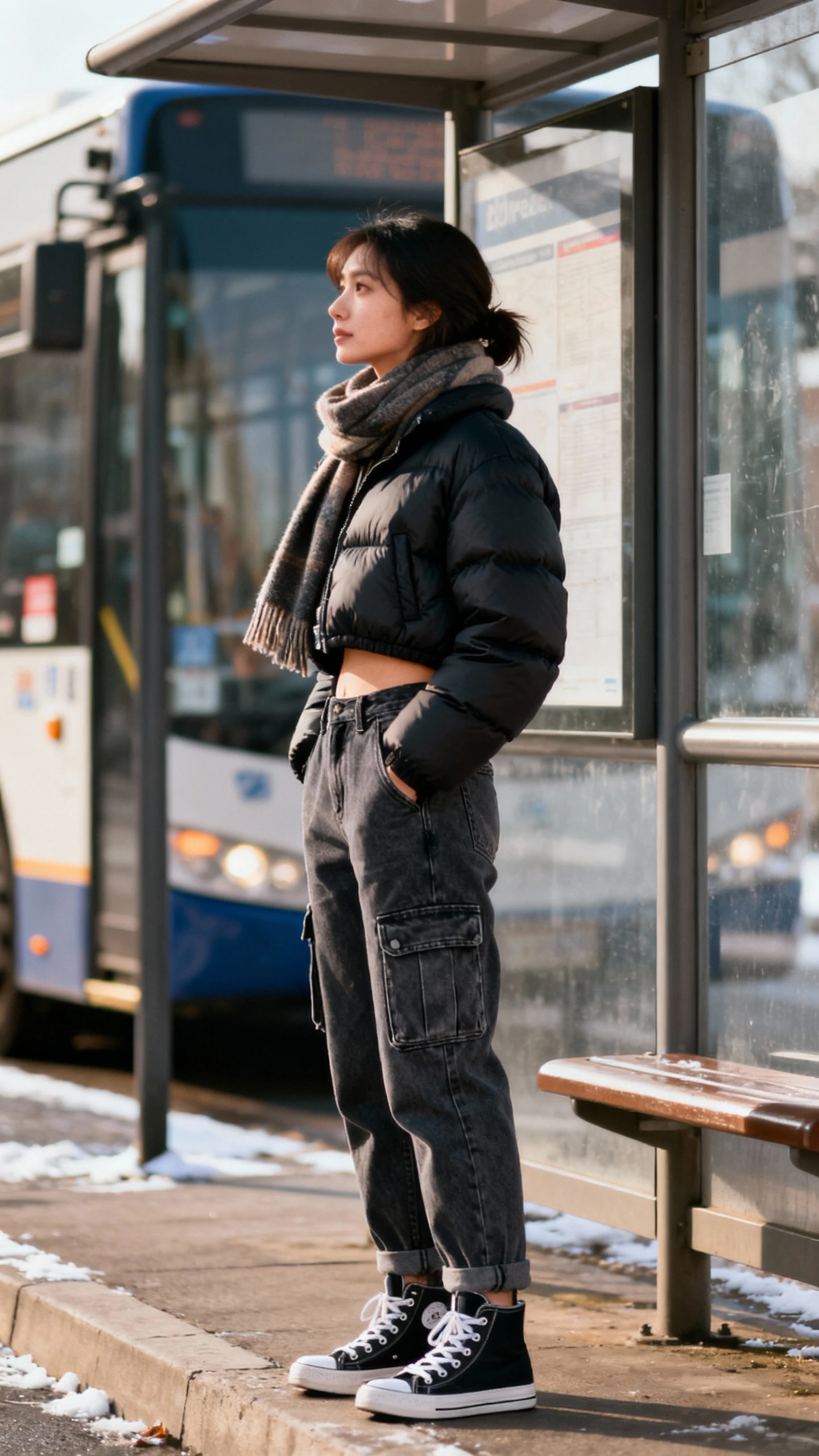 Natural photo of a woman wearing cargo jeans, cropped puffer jacket, high-top sneakers, and a scarf, waiting at a bus stop, face in profile looking away, winter daylight, iPhone photo, unstaged.