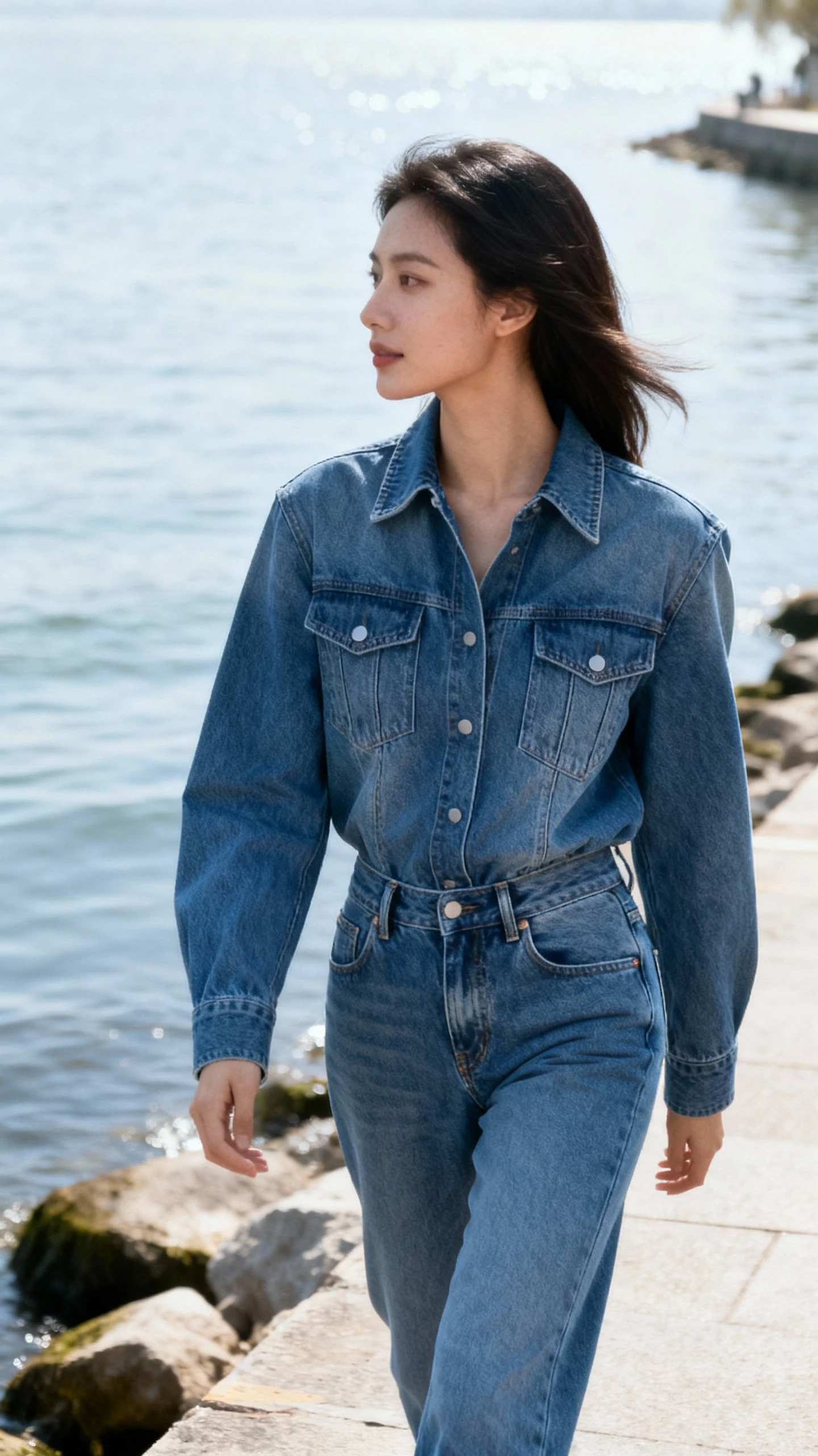 Natural photo of a woman wearing refined denim-on-denim: low-rise jeans with a structured denim shirt/jacket, strolling along a waterfront, face looking away, soft daylight, iPhone photo quality.