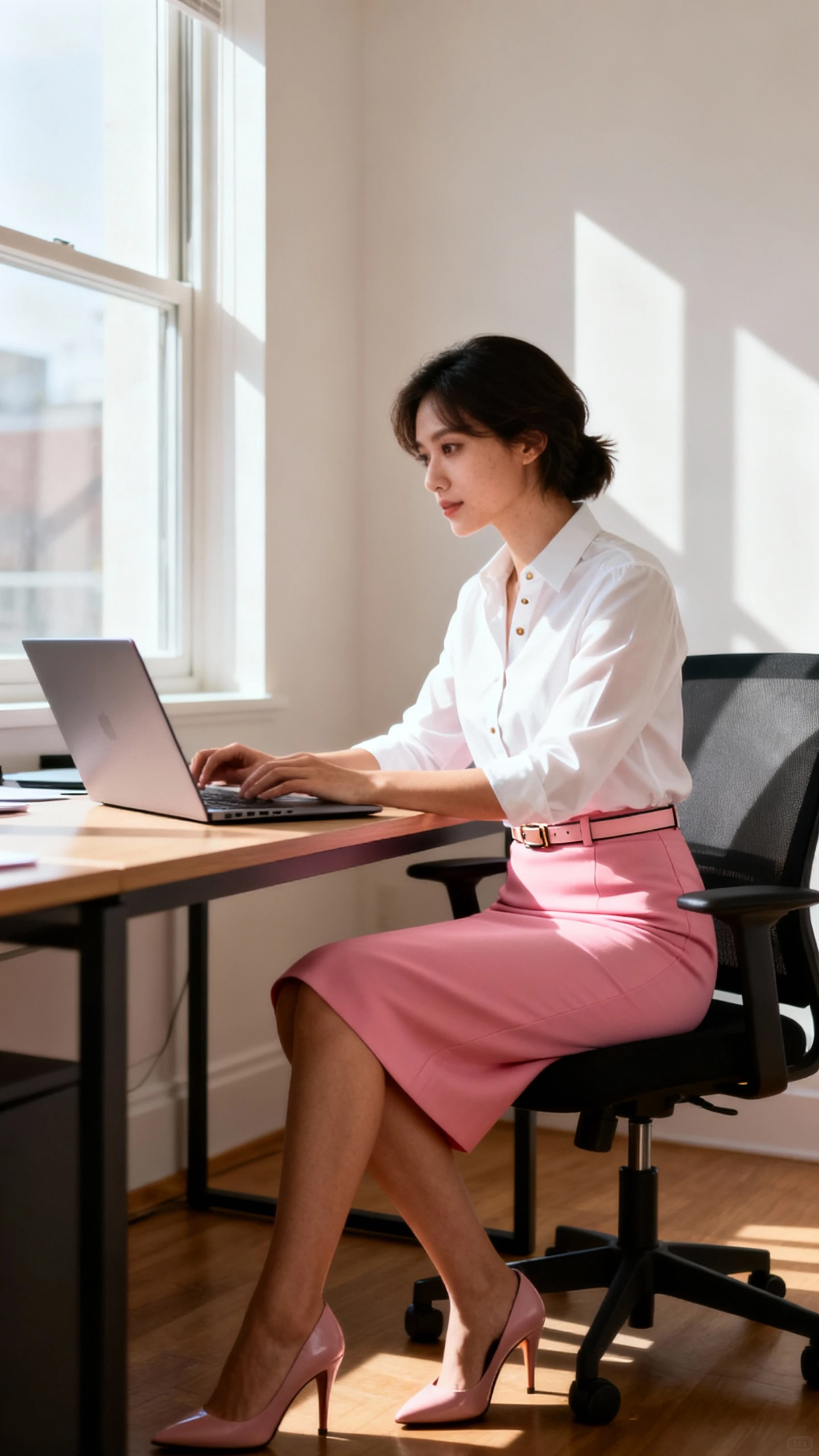 Office candid of a woman in a crisp white button-down, tailored pink pencil skirt, classic pumps, and a slim belt, working at a desk with a laptop, face looking away, natural window light, iPhone photo quality.