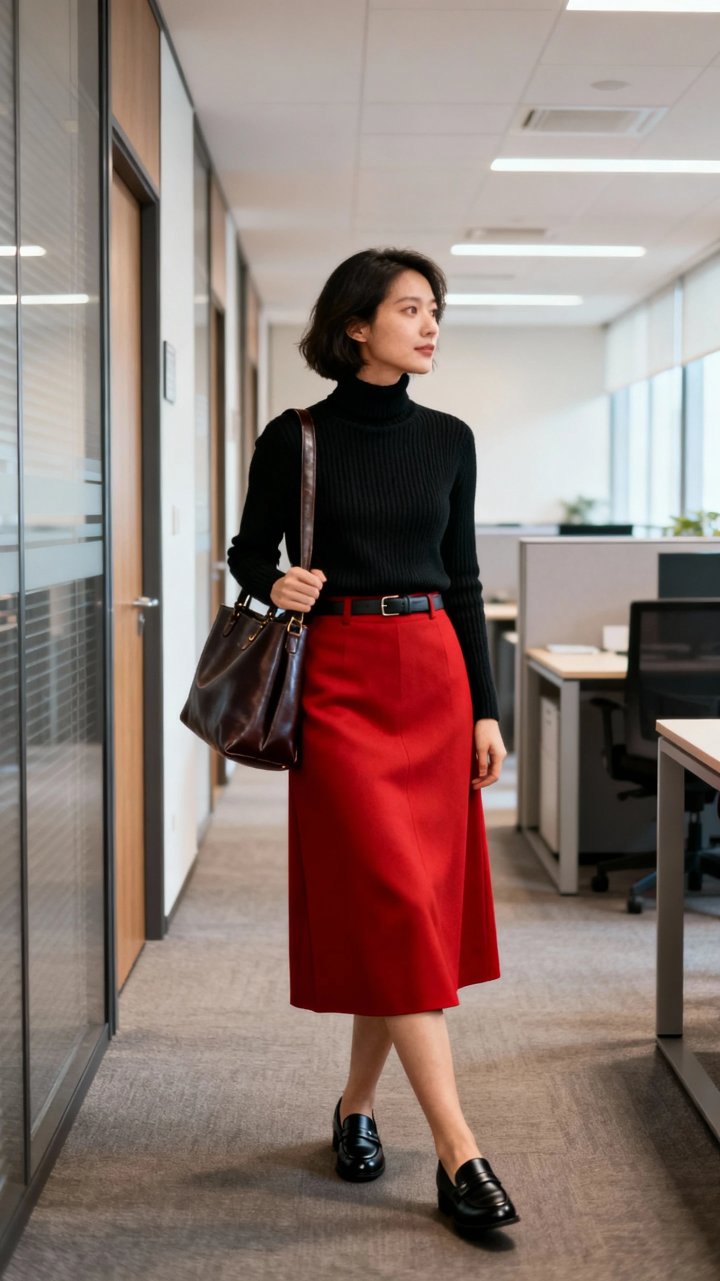 Office hallway candid of a woman in a fine-knit black turtleneck tucked into a tailored red midi skirt with black loafers and a leather tote, face looking away, soft indoor daylight, iPhone photo aesthetic.