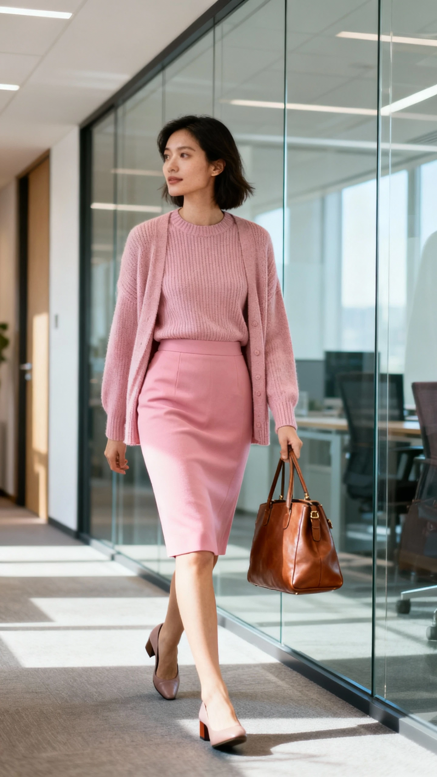 Office hallway candid of a woman in a knit set—fine-gauge sweater and matching cardigan—paired with a pink pencil skirt, low block heels, and a leather tote, walking past glass walls, face looking away, bright natural light, iPhone photo quality.