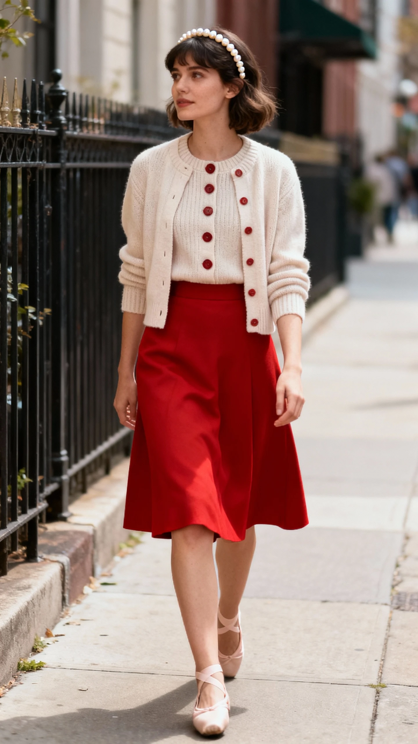 Preppy sidewalk snap of a woman wearing a matching cardigan set (buttoned knit top with coordinating cardigan) tucked into a red skirt, ballet flats and a pearl headband, face looking away, soft daylight, candid iPhone aesthetic.