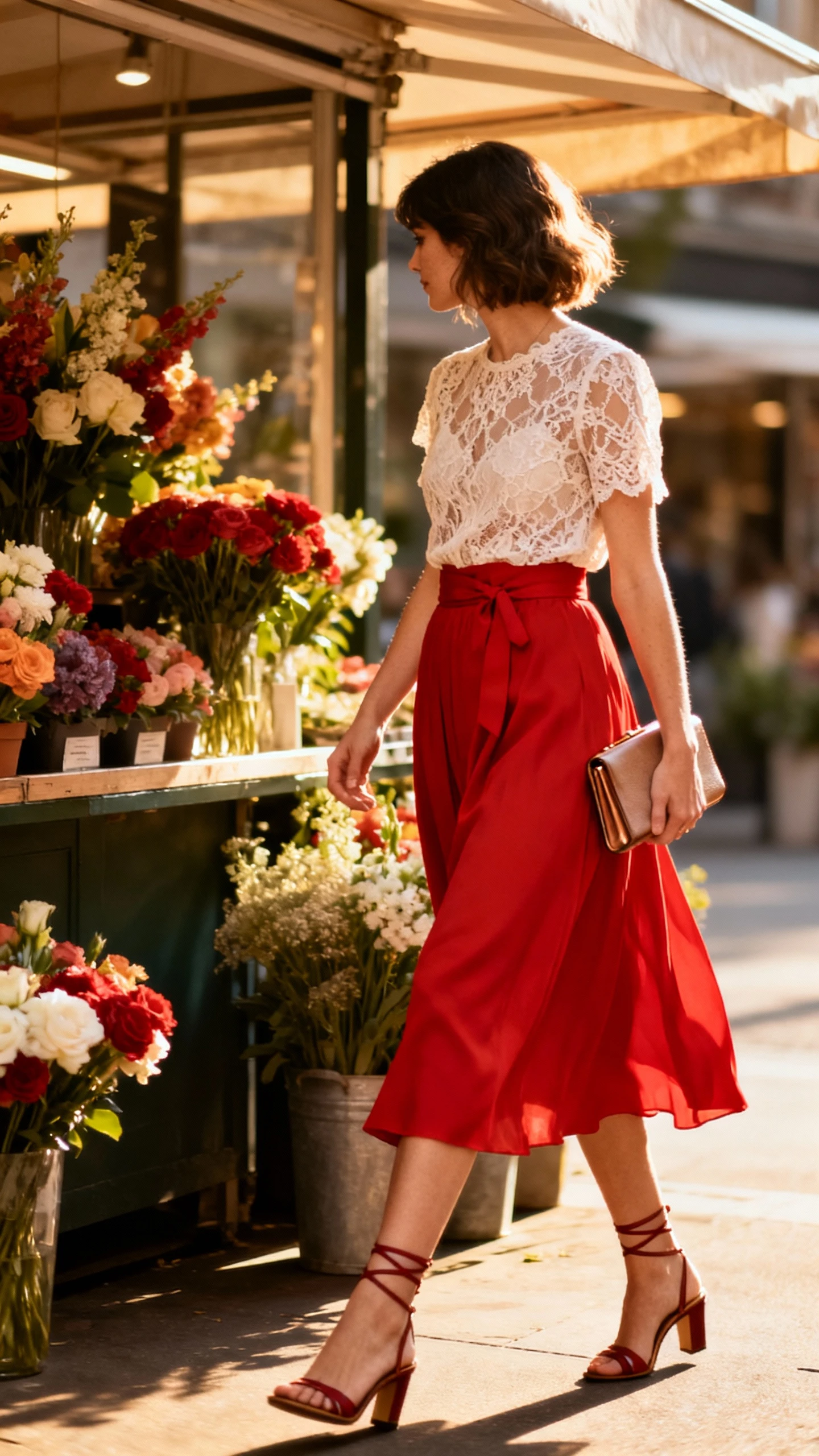 Romantic candid of a woman wearing a delicate lace top tucked into a flowy red midi skirt with strappy heels and a clutch, walking past a flower stand, face looking away, warm afternoon light, iPhone photo quality.