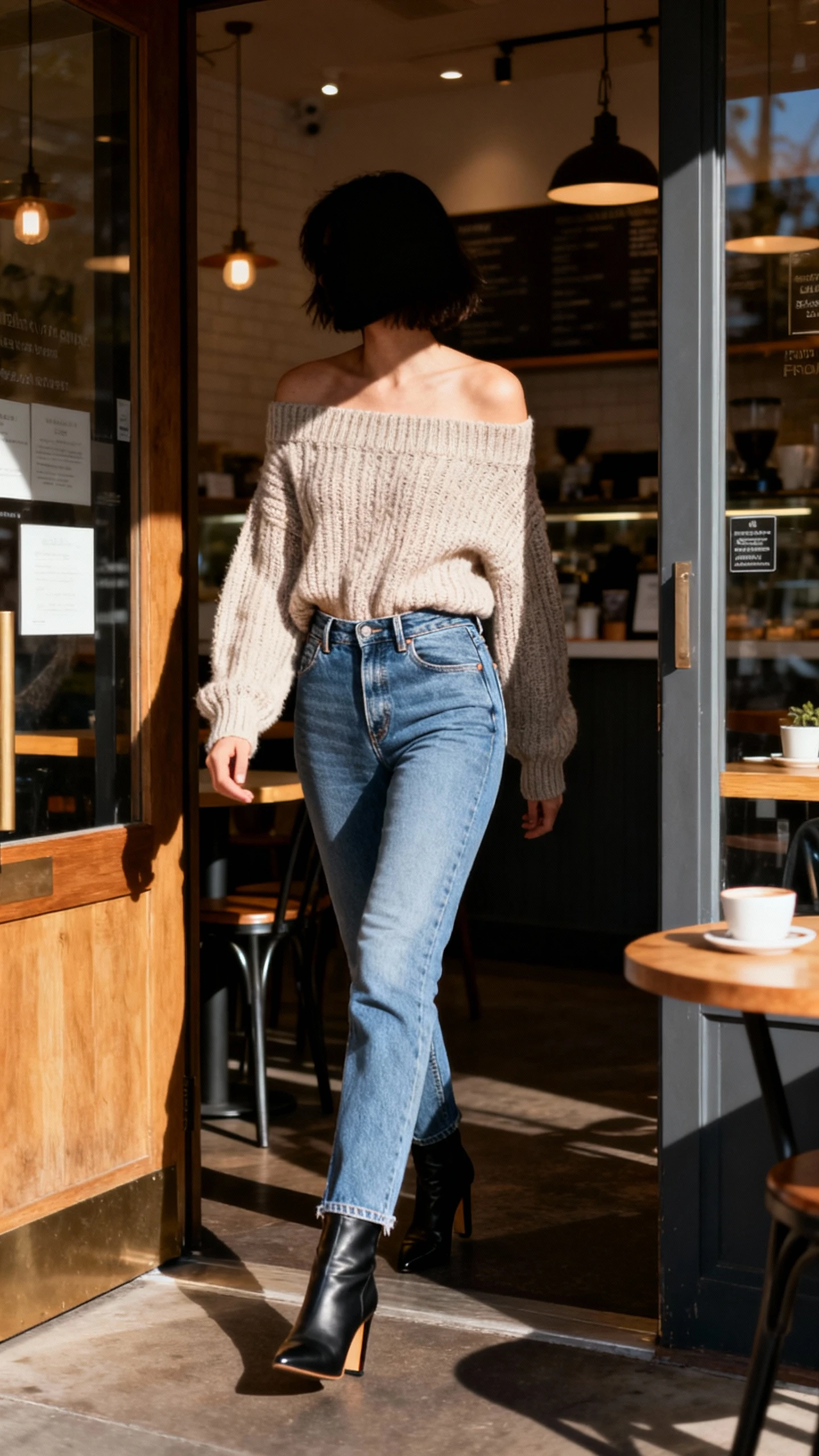 Soft candid of a woman in low-waist jeans with an off-the-shoulder knit sweater and heeled boots, walking into a cozy cafe, face in shadow, warm ambient light, iPhone photo quality.