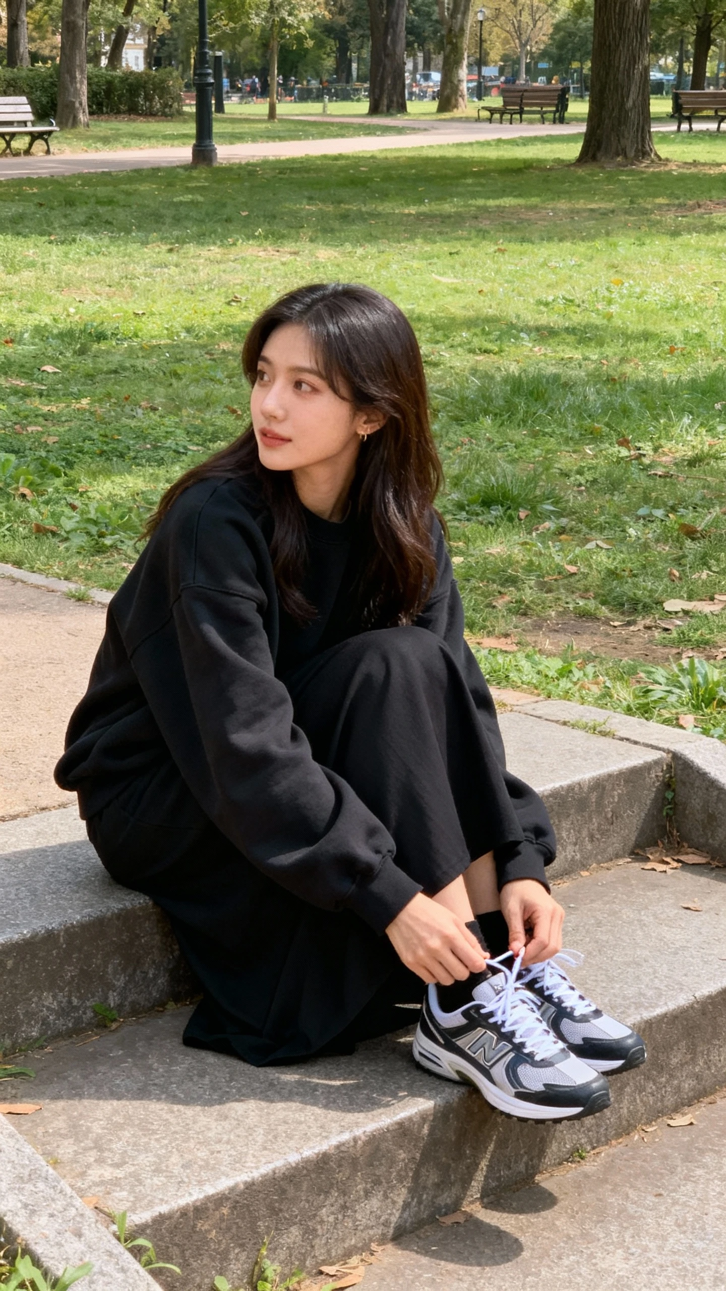 Sporty-chic candid of a woman in a black maxi skirt with a slightly oversized sweatshirt and retro sneakers, sitting on park steps tying her shoe, face looking away, daytime shade, iPhone photo quality.