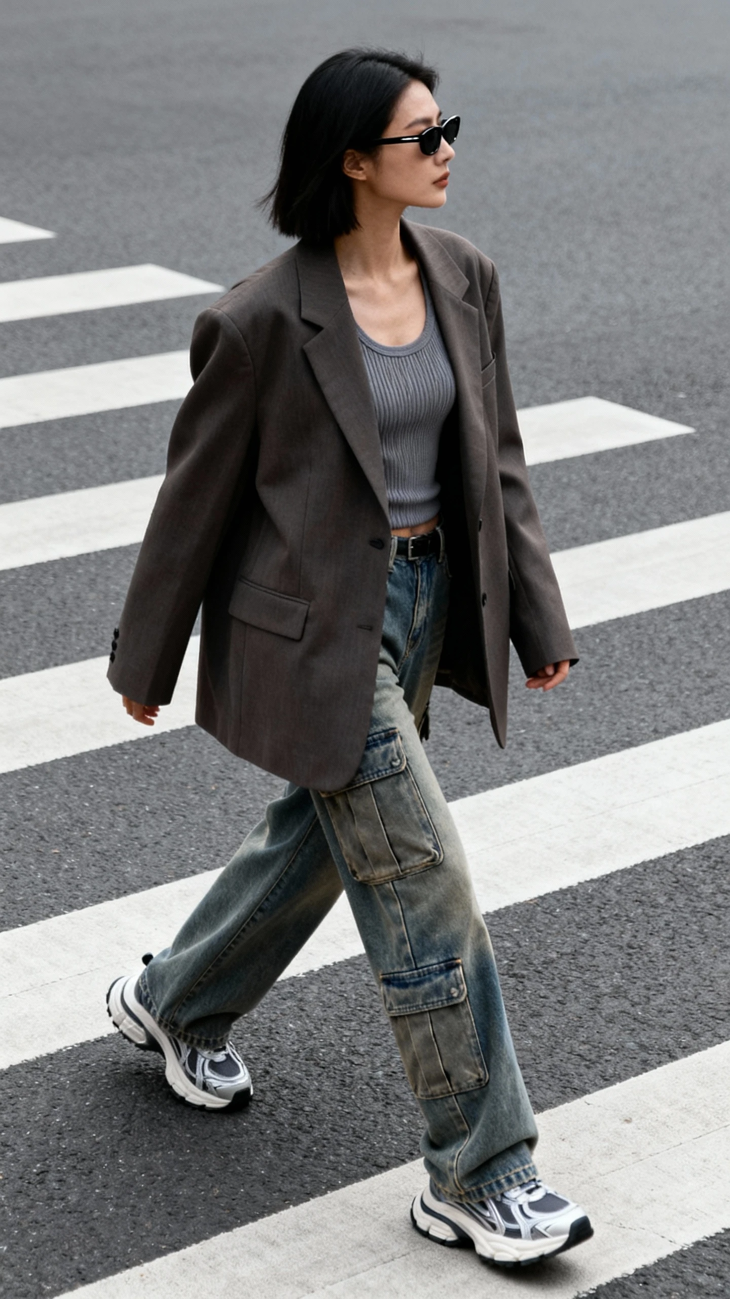 Street candid of a woman in cargo jeans, oversized menswear blazer, sporty ribbed tank, chunky sneakers, and slim sunglasses, crossing a crosswalk, face in shadow looking away, overcast daylight, iPhone photo quality.