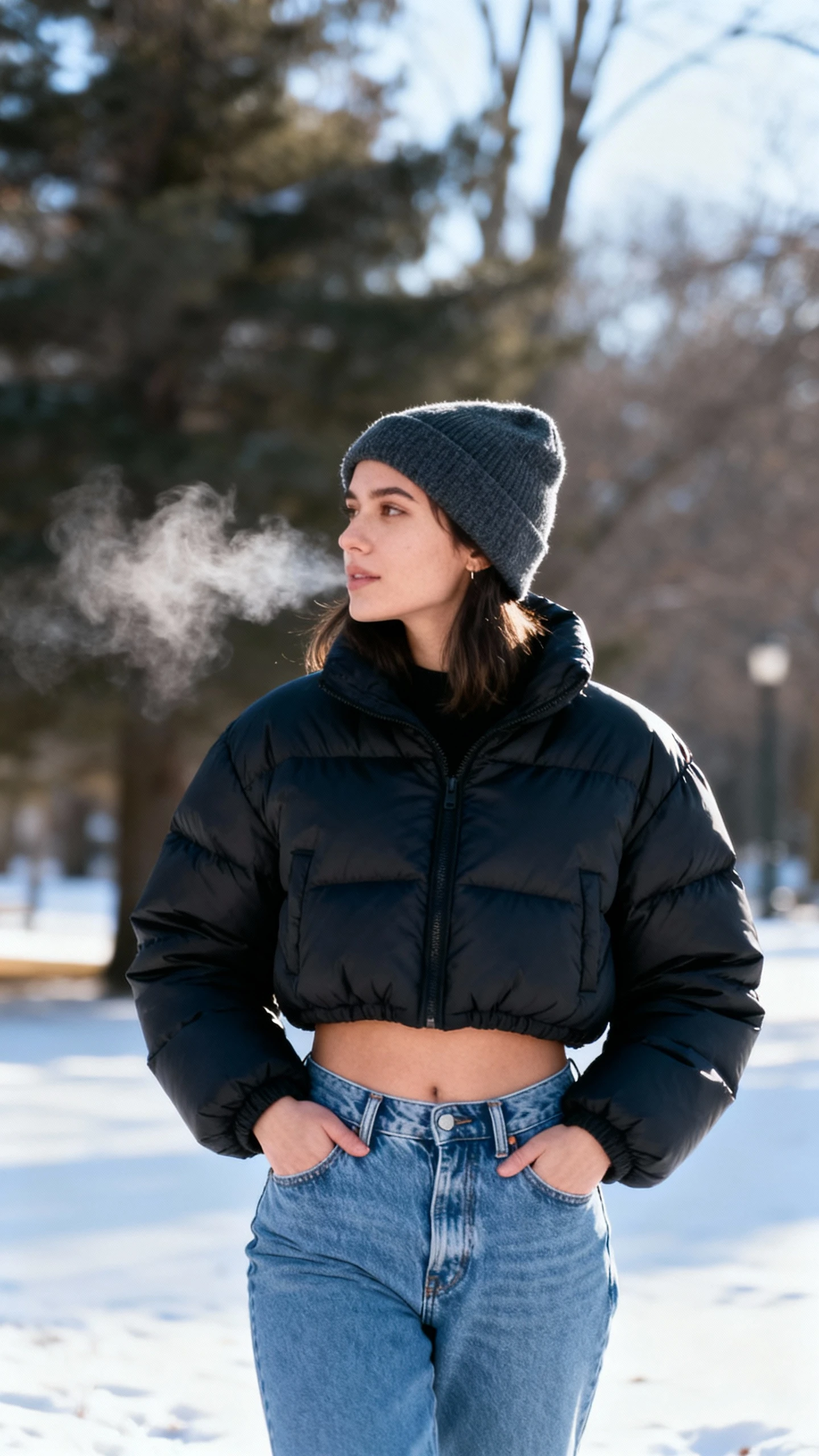 Street candid of a woman wearing low-rise jeans with a cropped puffer jacket and a beanie, hands in pockets, breath visible in cold air, face looking away, crisp daylight, iPhone photo quality.