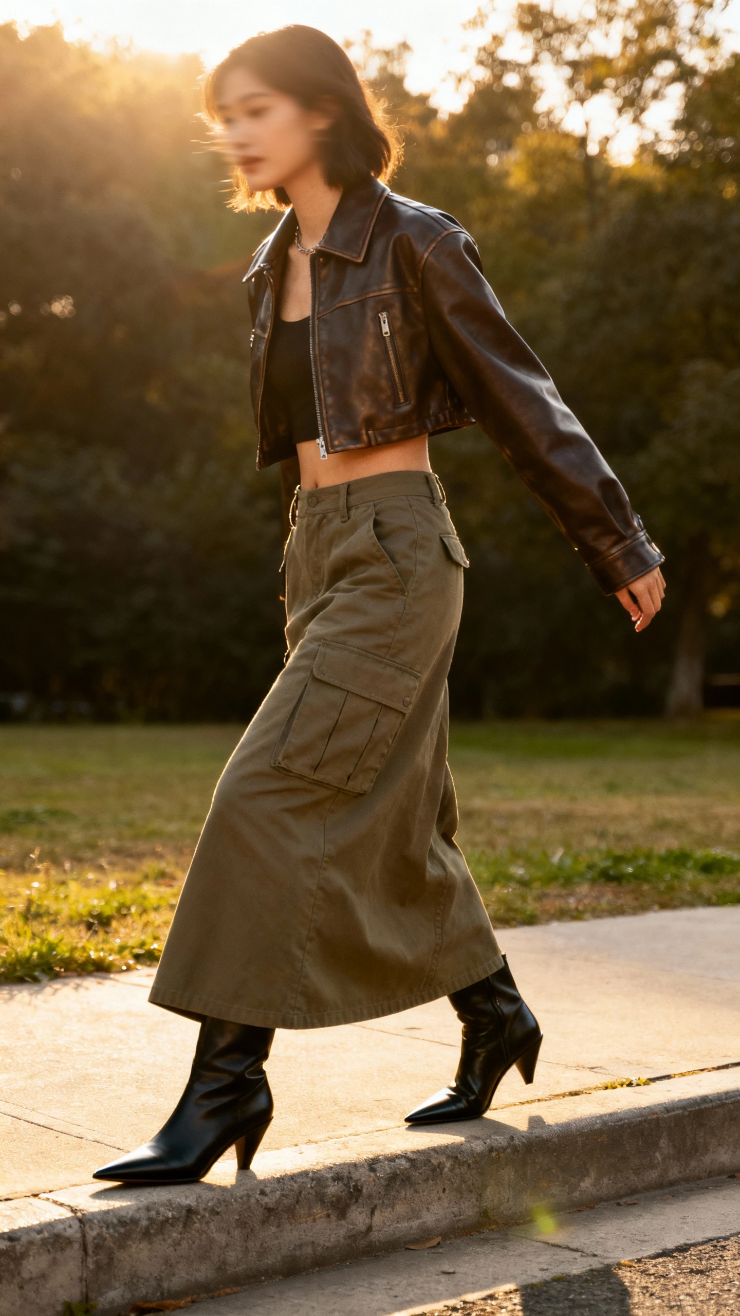 Street-chic candid of a woman in a cropped leather jacket over a cargo maxi skirt with pointed boots, stepping off a curb, face slightly blurred, golden-hour light, iPhone aesthetic.