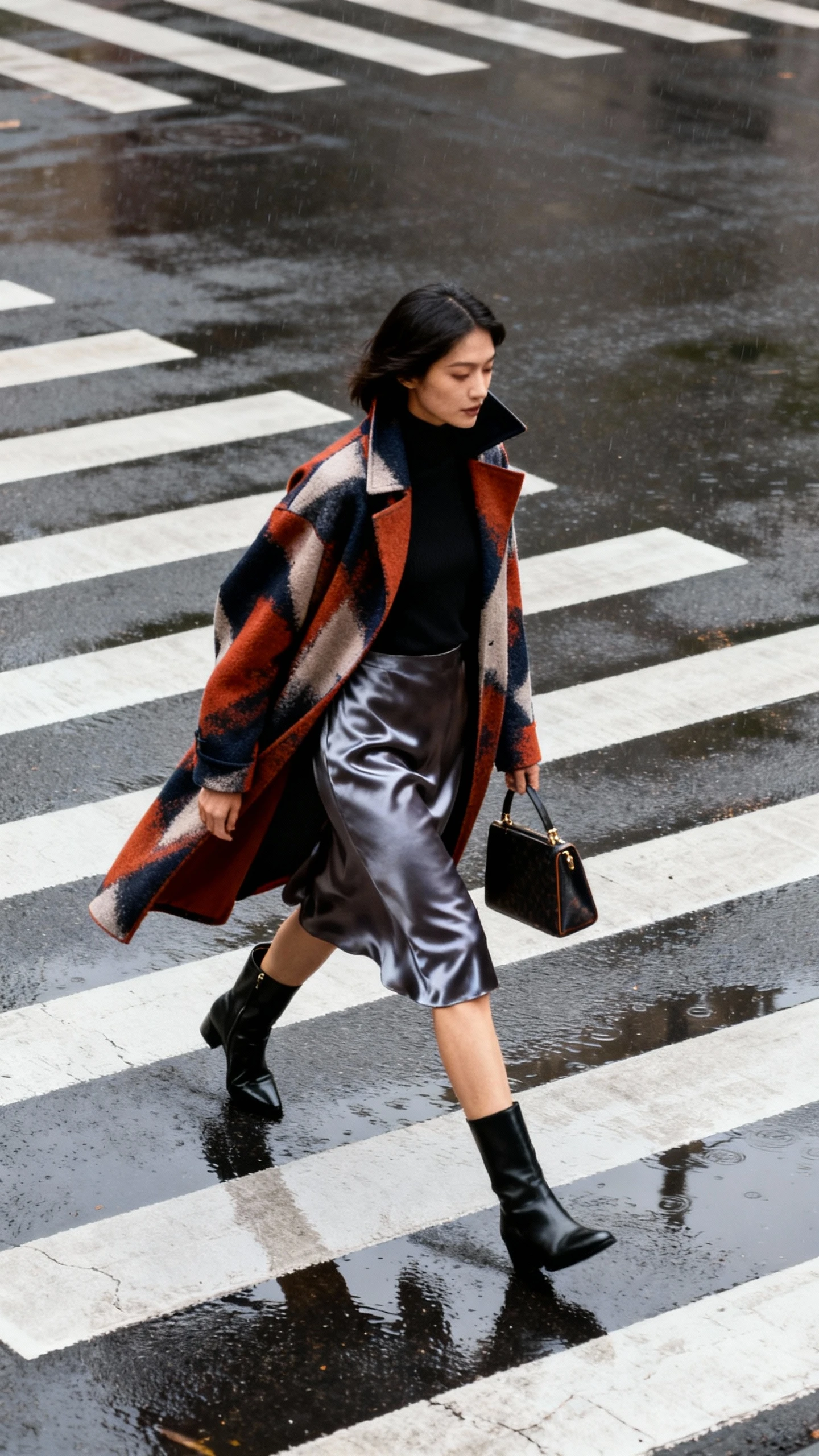 Street photo of a woman wearing a bold statement coat thrown over a sleek satin skirt with knee boots and structured bag, striding past a crosswalk after rain, face in shadow under collar, natural daylight, iPhone aesthetic.