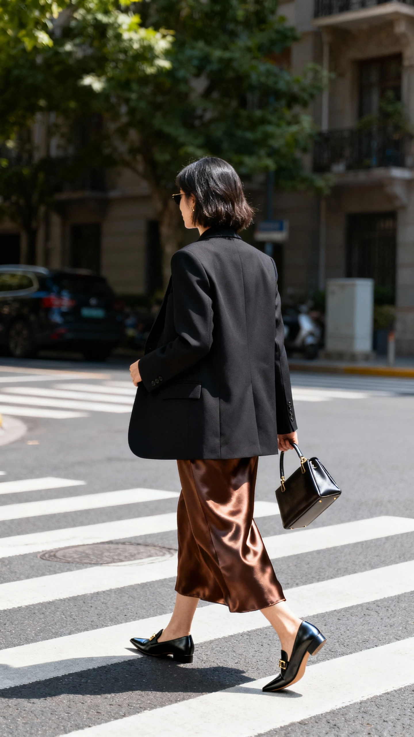Street snap of a woman in a sharp tailored blazer over a satin midi skirt with pointed loafers and a structured handbag, crossing a crosswalk, face turned away, bright daylight, iPhone photo quality, candid.