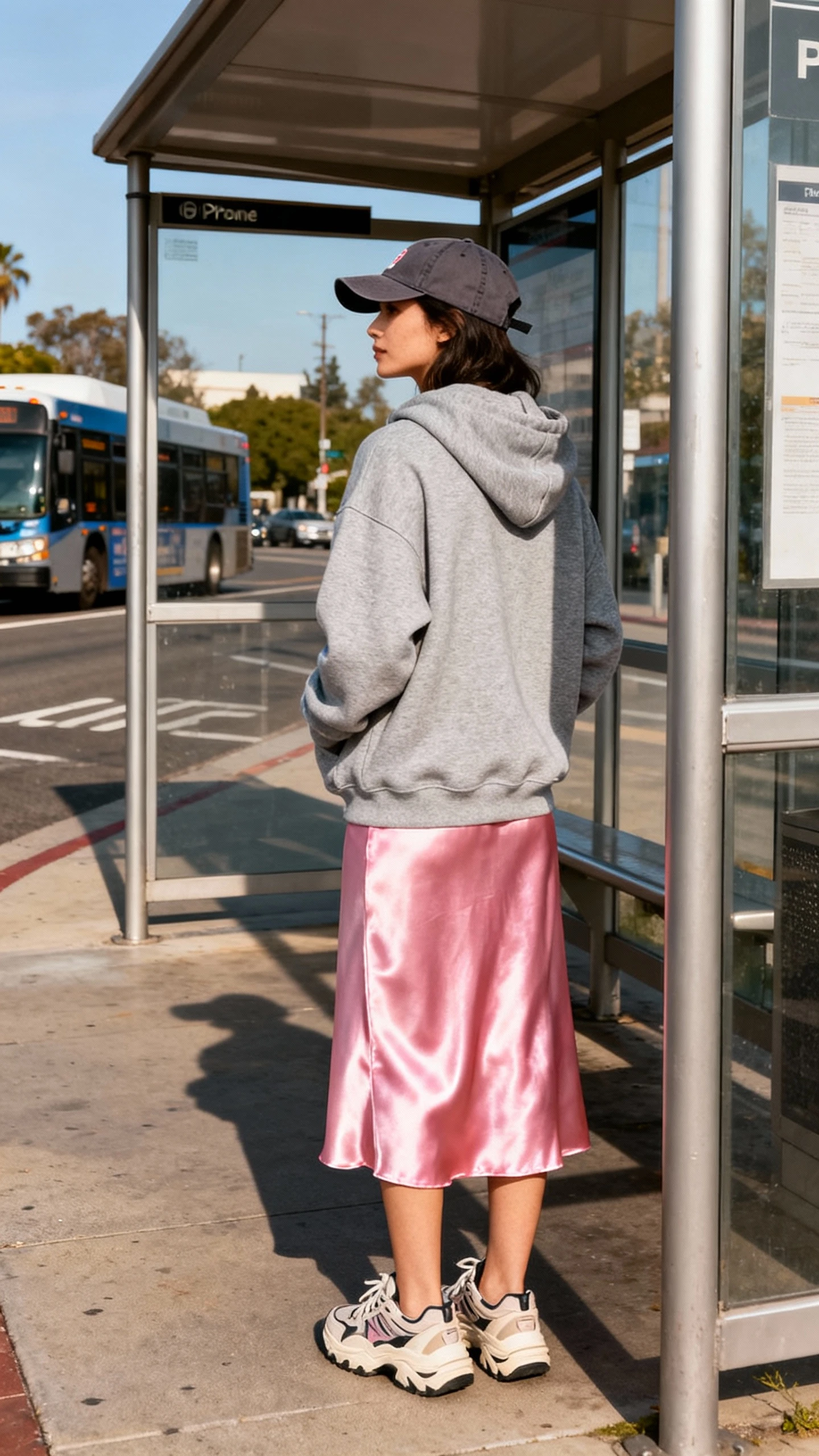 Street-style candid of a woman in a heather hoodie layered over a pink satin midi skirt, chunky sneakers, and a baseball cap, waiting at a bus stop, face looking away, diffuse daylight, iPhone photo quality.