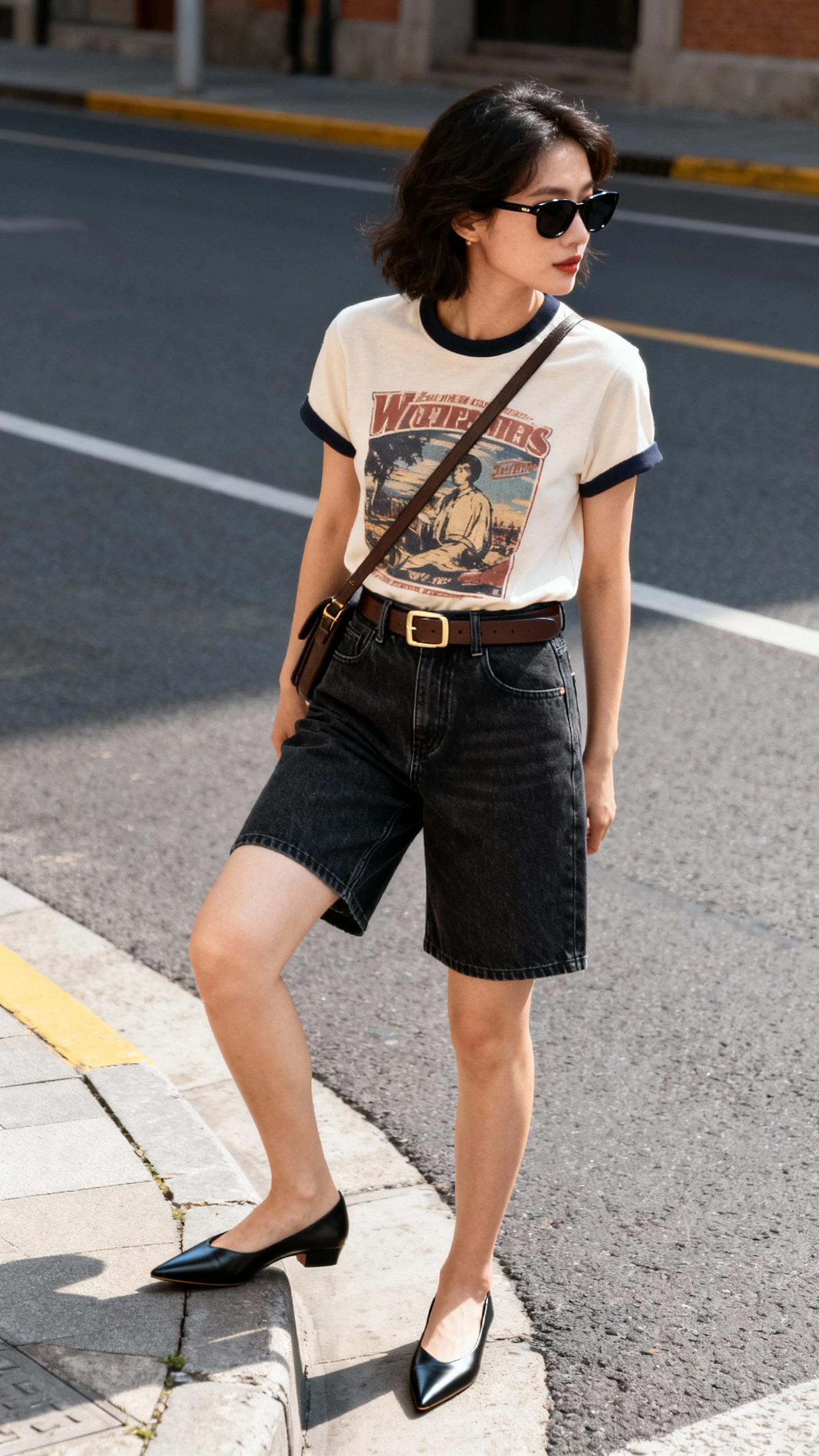 Street-style candid of a woman in a vintage graphic tee tucked into structured dark-wash jean shorts, polished belt, sleek sunglasses, and pointed flats, stepping off a curb with a crossbody bag, face looking away, daylight, iPhone photo quality.