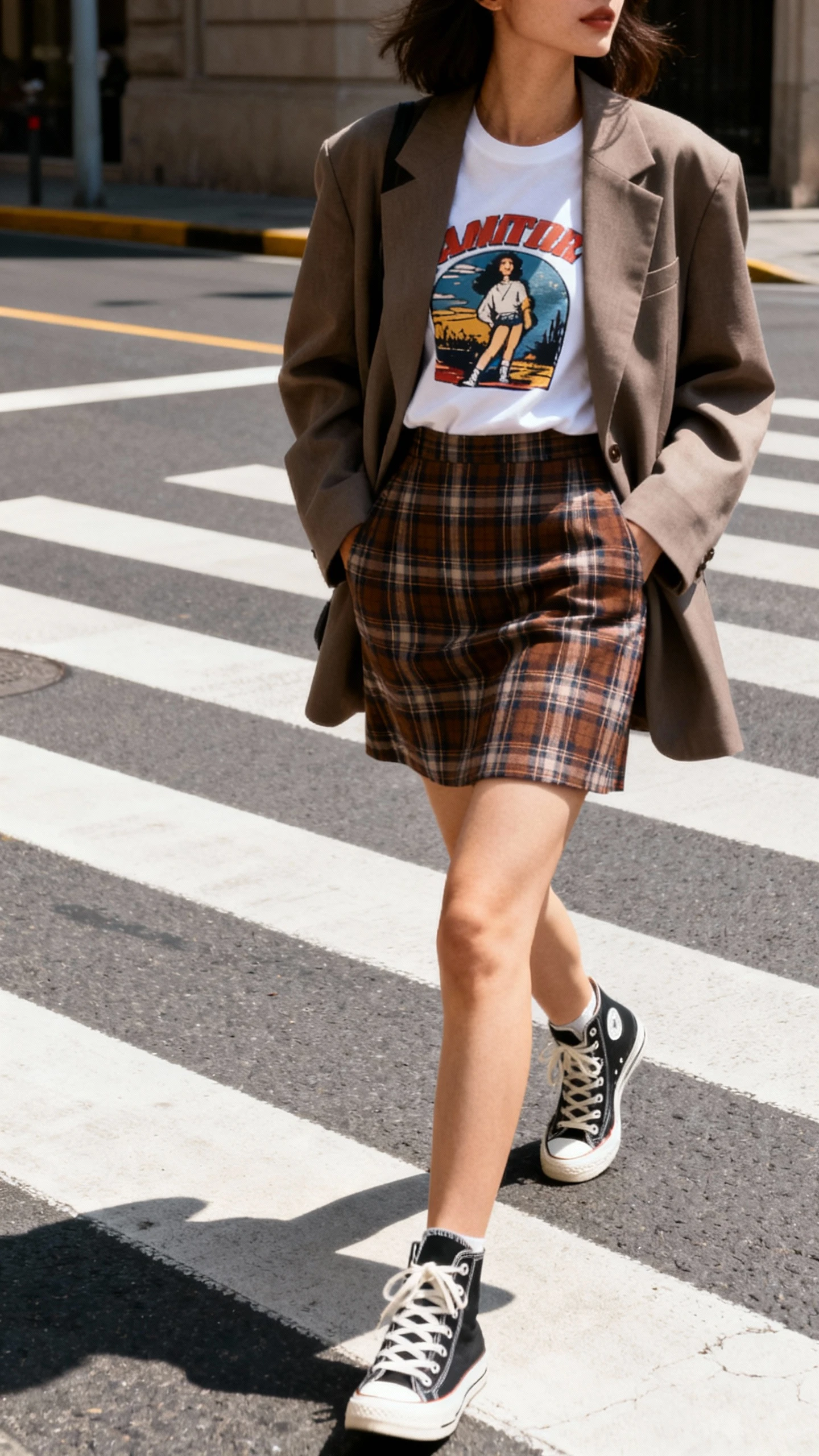 Street-style candid of a woman wearing a plaid skirt, graphic tee, oversized blazer, and high-top sneakers, crossing a crosswalk, face in shadow, urban backdrop, natural daylight, iPhone photo quality.