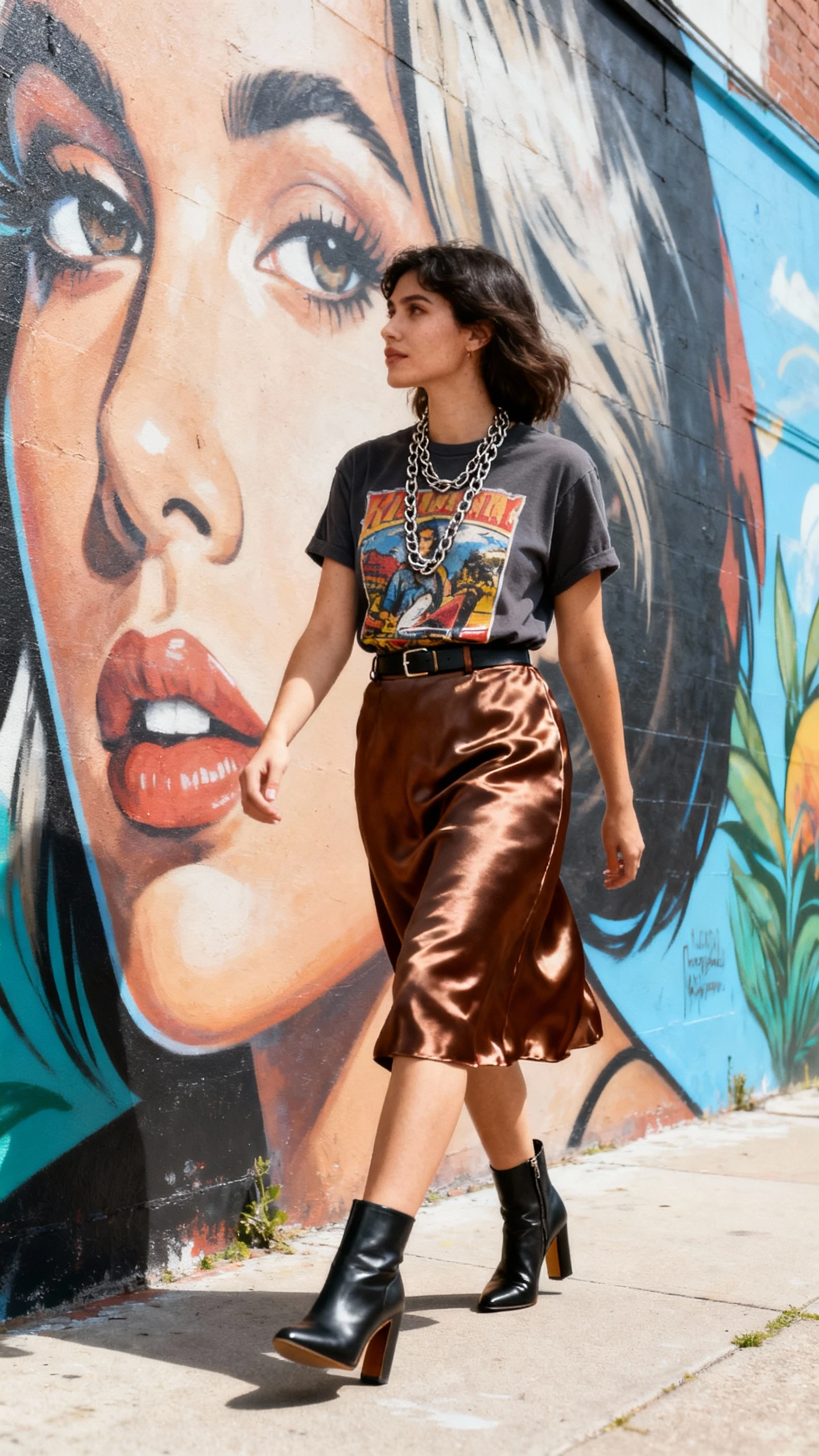 Street-style snap of a woman in a vintage graphic tee tucked into a satin skirt with heeled ankle boots and layered chains, walking past a mural, face looking away, bright daylight, iPhone photo quality, unstaged.