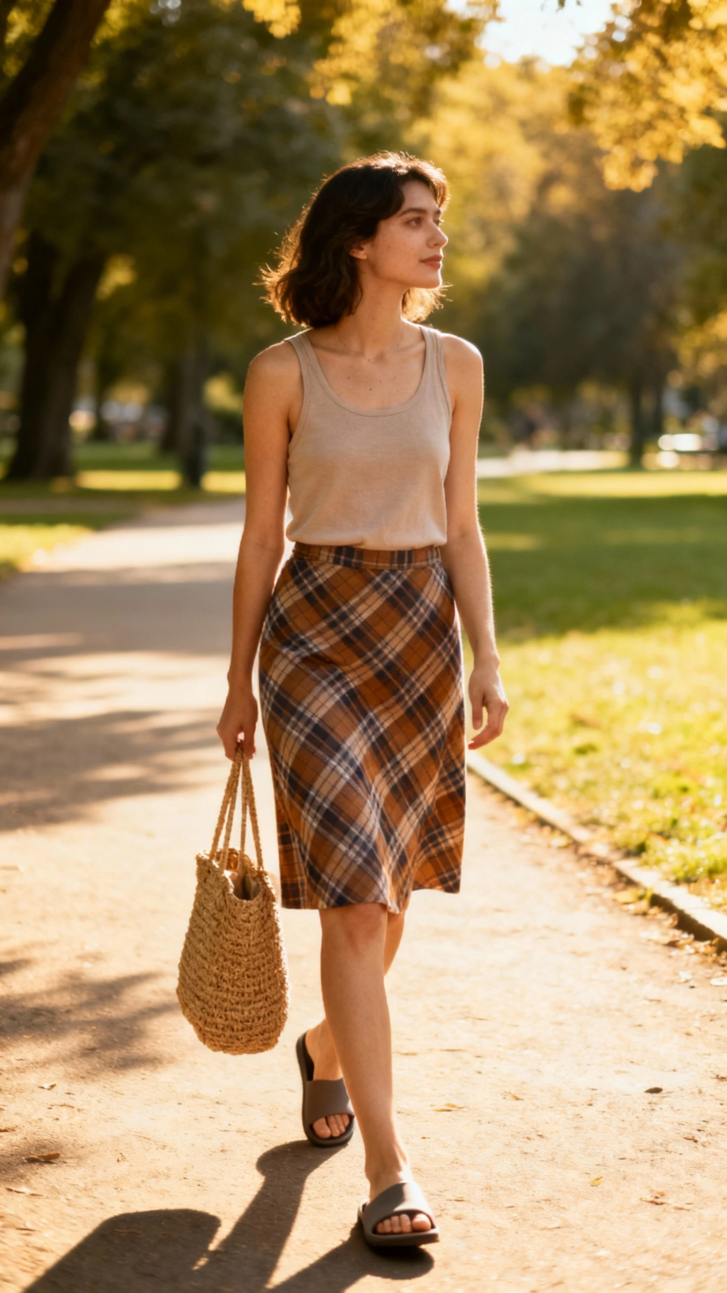 Sunny park shot of a woman in a plaid skirt with a simple tank top and slide sandals, carrying a woven tote, strolling on a path, face looking away, bright natural light, iPhone casual photo.