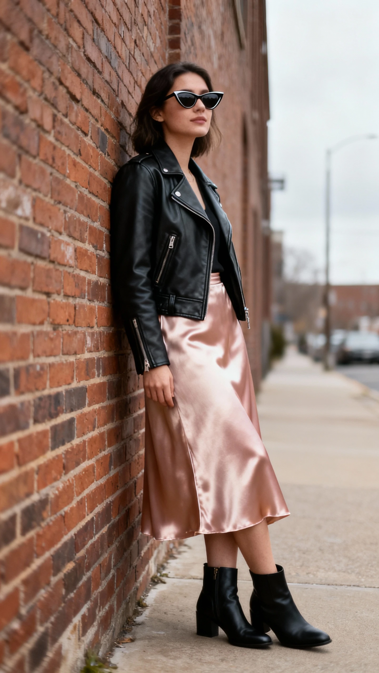 Urban candid of a woman in a black leather moto jacket, champagne satin pink midi skirt, black ankle boots, and cat-eye sunglasses, leaning against a brick wall, face slightly blurred, overcast daylight, iPhone photo quality.