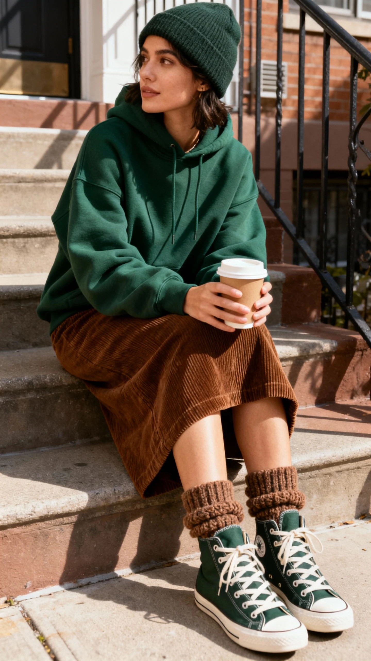 Weekend candid of a woman in a brown corduroy skirt, oversized forest green hoodie, high-top sneakers, chunky socks, and a crossbody phone bag (optional beanie), sitting on apartment steps with coffee, face looking away, natural daylight, iPhone aesthetic.