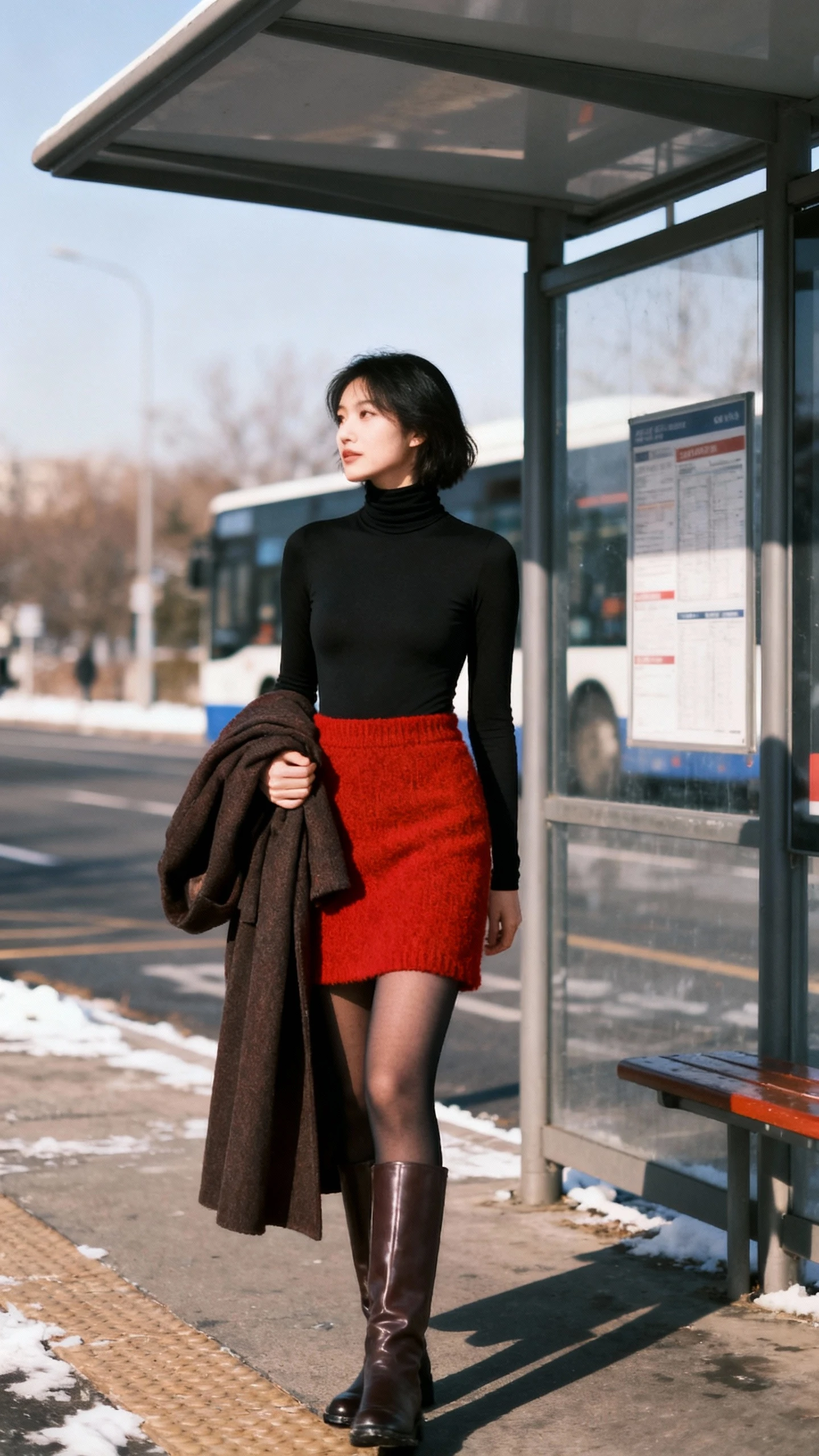 Winter-ready candid of a woman in a black turtleneck bodysuit with a red wool skirt, opaque tights, knee-high boots, and a long coat over the arm, waiting at a bus stop, face in shadow, cold daylight, iPhone photo.
