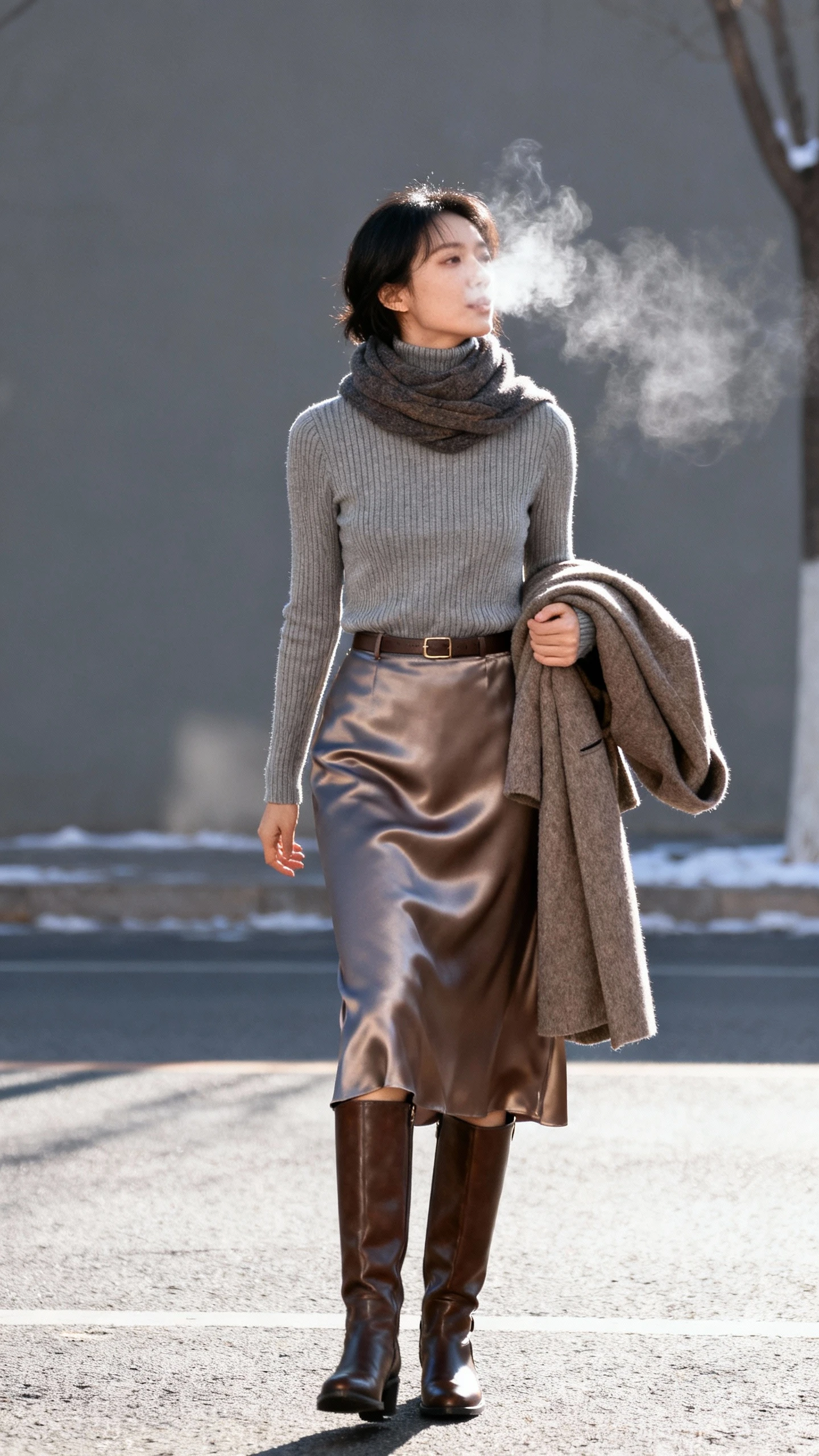 Winter street photo of a woman in a ribbed turtleneck tucked into a satin midi skirt with tall leather boots and wool coat draped over arm, exhaling in cold air, face in scarf shadow, gray daylight, iPhone quality.