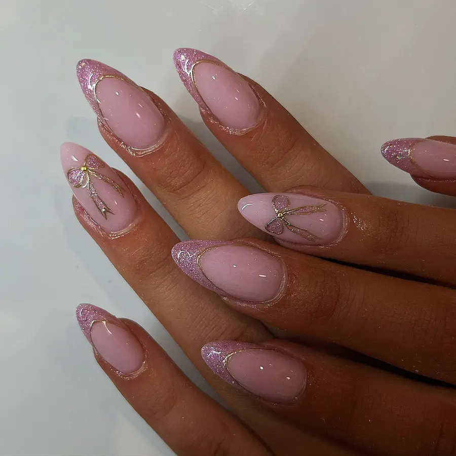 Soft Pink Almond With Glitter French Tips & Bow Details