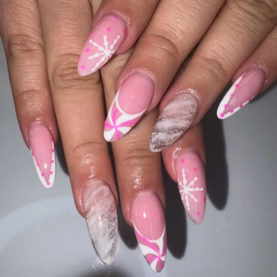 Soft Pink With Swirls, Snowflake Art, and Glossy Marble Accents